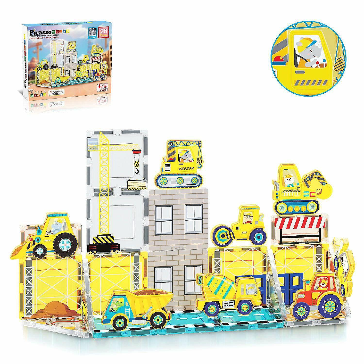 Blocks & Manipulatives | PicassoTiles 26pc Magnetic Tile Jobsite Theme Construction Block with 8 Action Figures