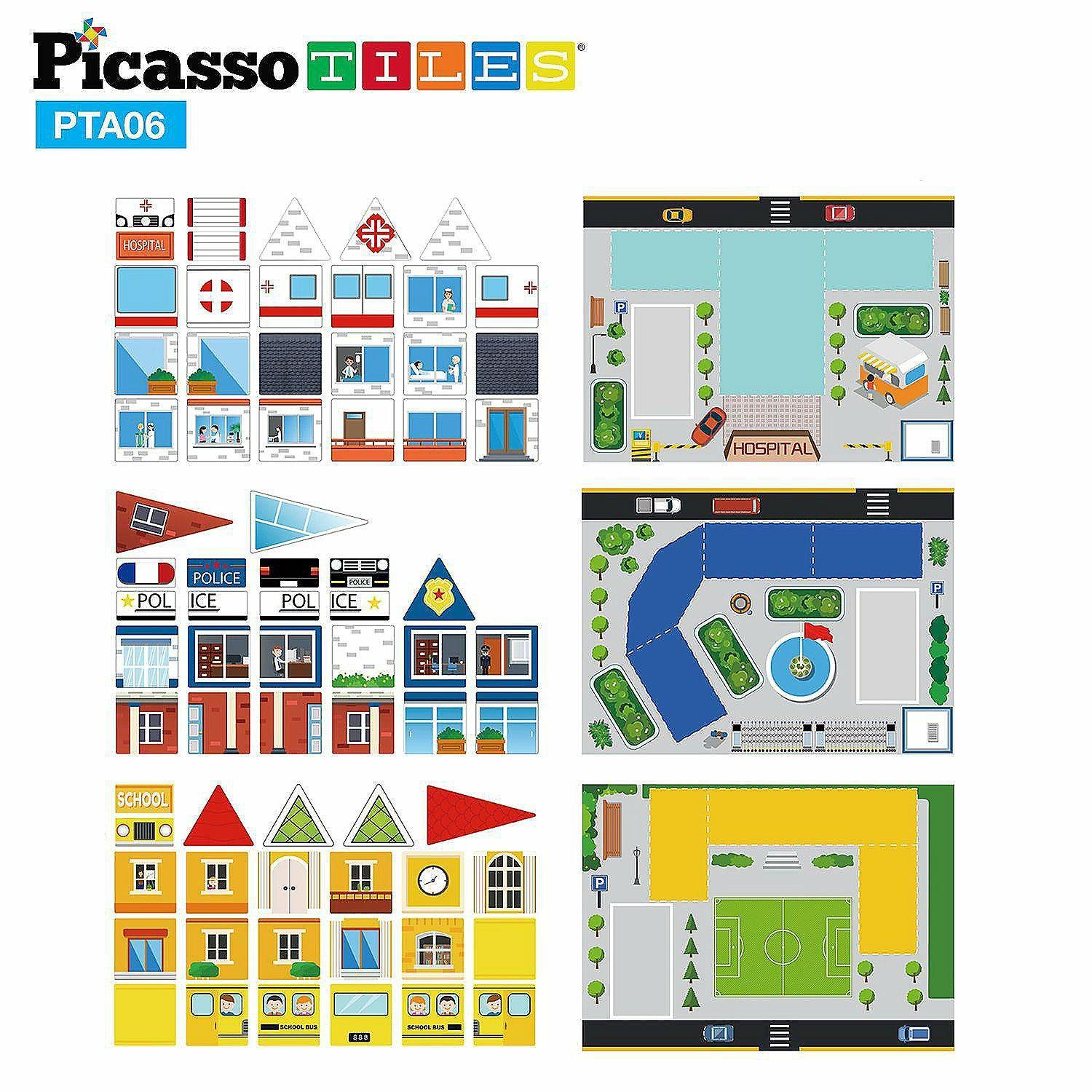 Blocks & Manipulatives | PicassoTiles – 80pc School, Hospital, and Police Station Theme Set PTA06