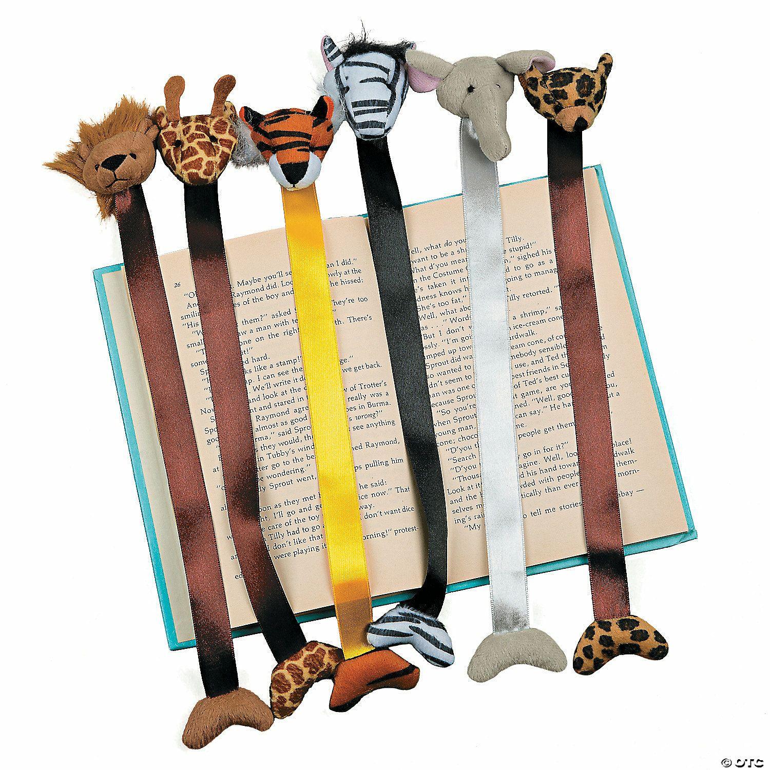 Bookmarks | 11″ Stuffed Classic Zoo Animal Head Satin Ribbon Bookmarks – 12 Pc.