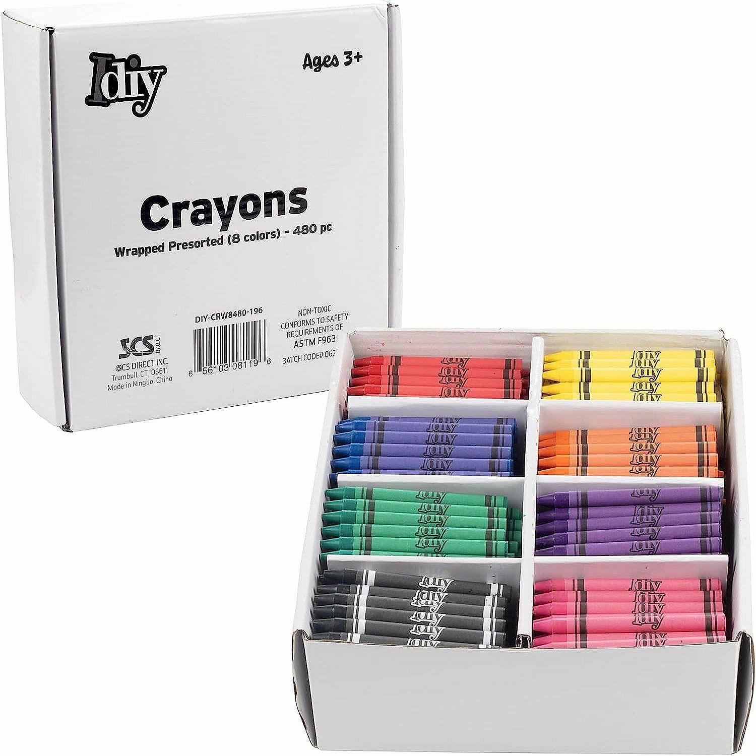 Bulk Classroom Supplies | IDIY Wrapped Bulk Wax Crayons – Pre-Sorted 480 ct (60 each of 8 colors). ASTM Safety Tested for kids, teachers, classrooms, back-to-school supplies/ restaurants