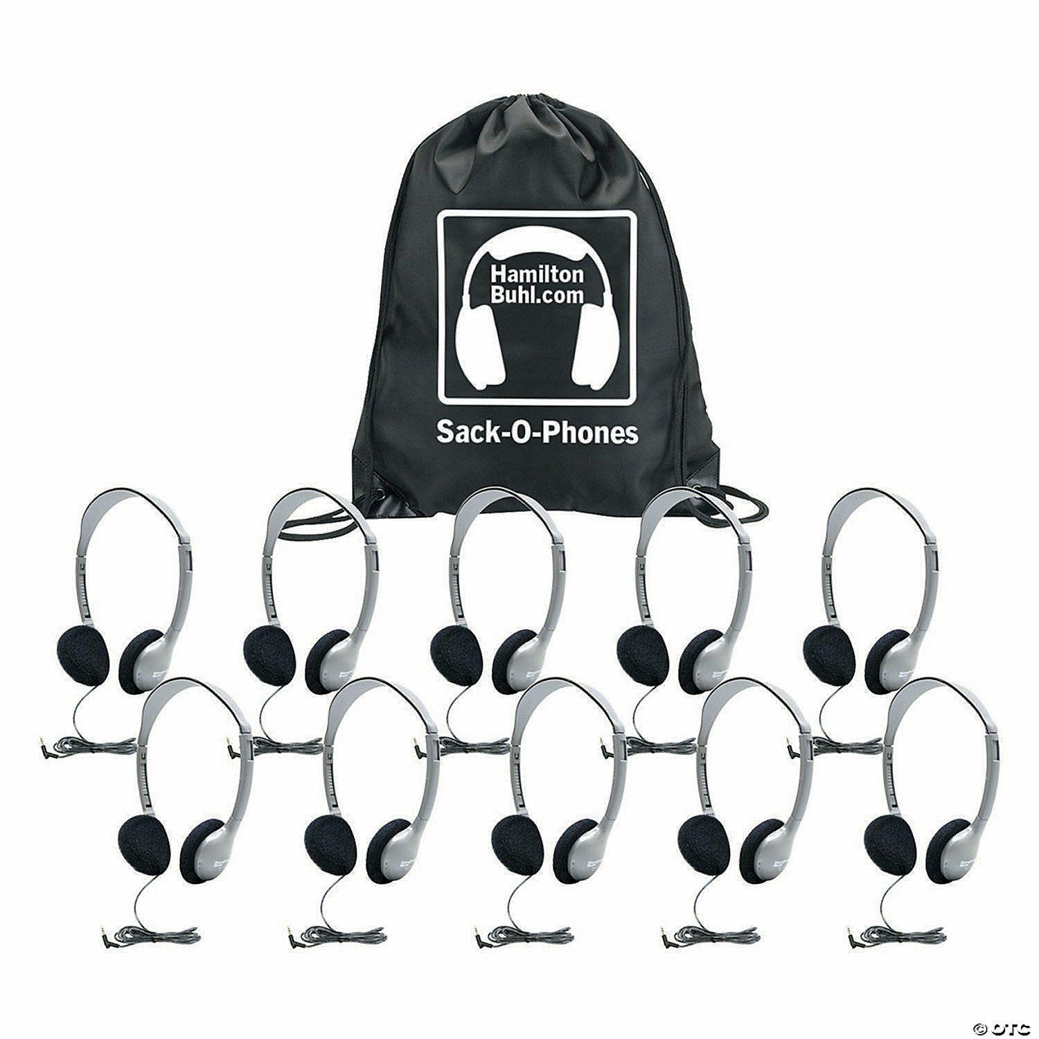 Classroom Technology | HamiltonBuhl Sack-O-Phones, 10 Personal Headphones with Foam Ear Cushions in a Carry Bag