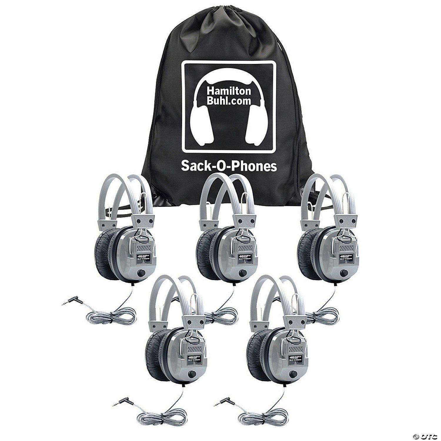 Classroom Technology | HamiltonBuhl Sack-O-Phones, 5 Gray Favoritz™ Headsets with In-Line Microphone and TRRS Plug