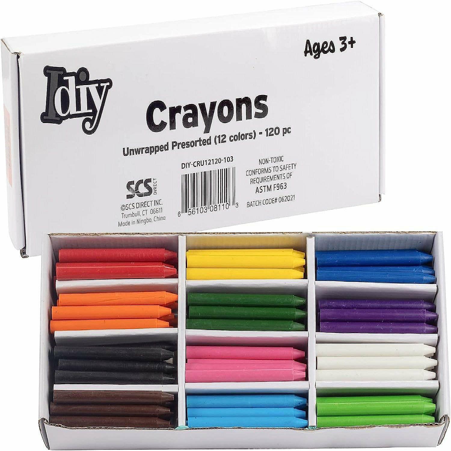 Crayons | IDIY Unwrapped Bulk Wax Crayons (Pre-sorted 120 ct,12 Colors, 10 Each)-No Paper, ASTM Safety Tested, For Kids, Teachers, Art Classrooms Supplies