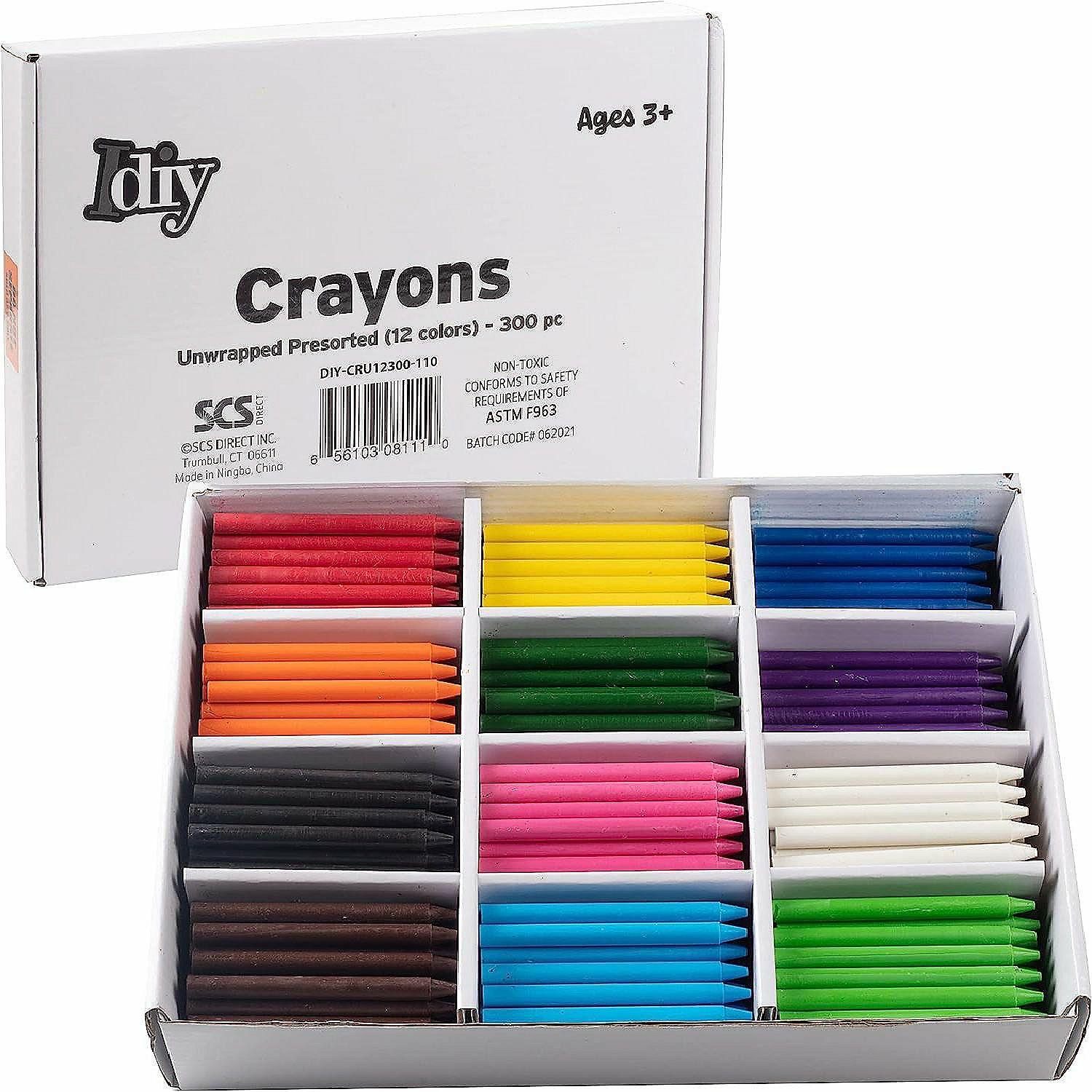 Crayons | IDIY Unwrapped Bulk Wax Crayons (Pre-sorted 300 ct, 25 each of 12 colors) – No Paper, ASTM Safety Tested, For Kids, Teachers, Classrooms Supplies