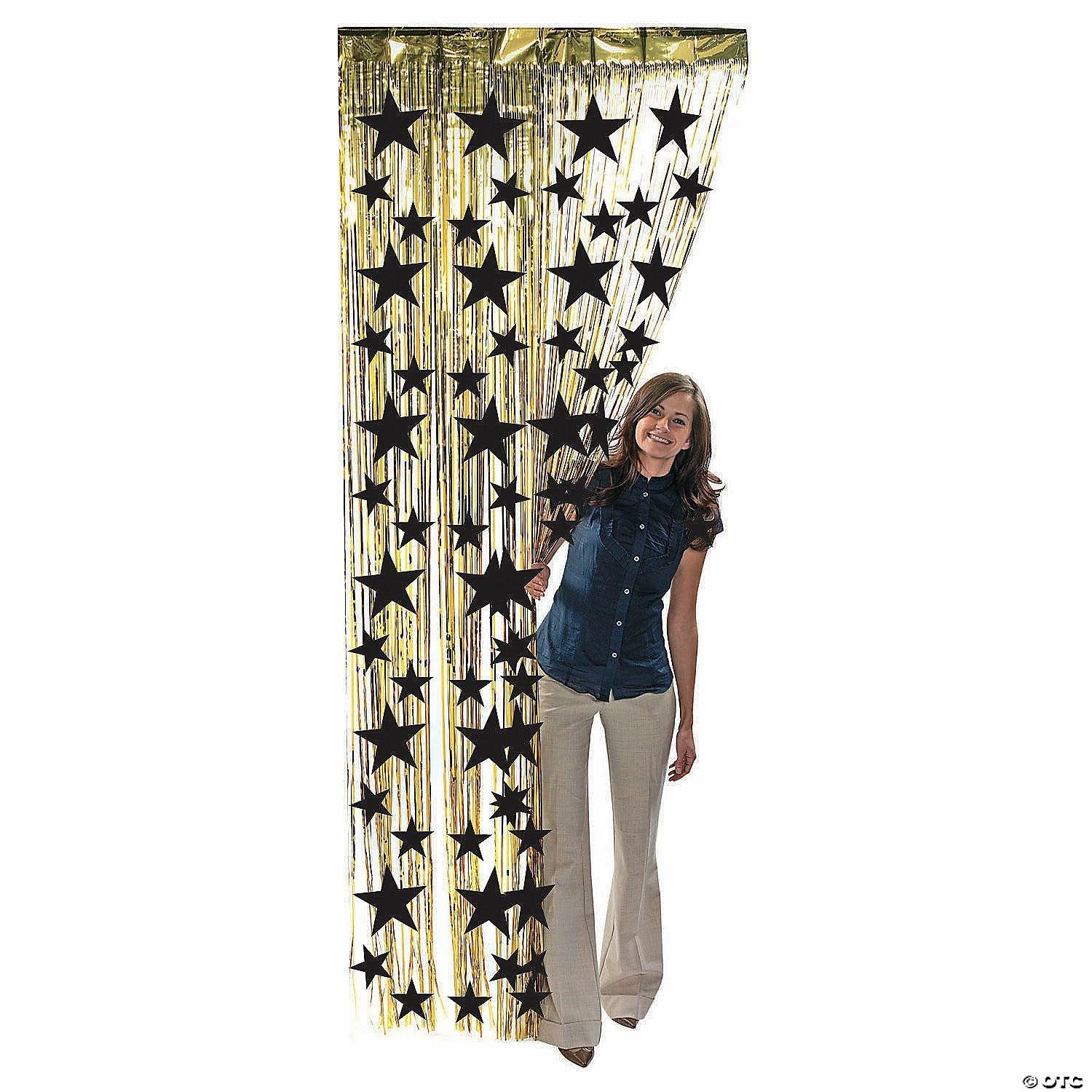 Door Decorations | Gold Metallic Fringe Door Curtain with Black Stars