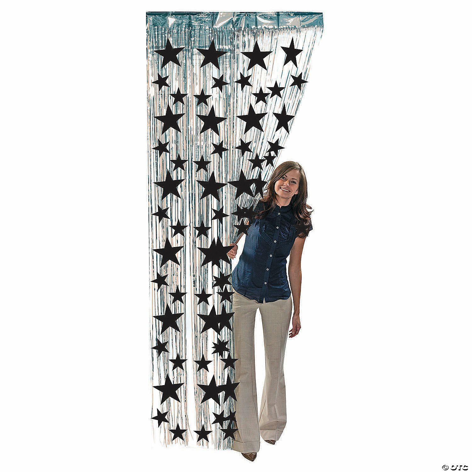 Door Decorations | Silver Metallic Fringe Door Curtain with Black Stars