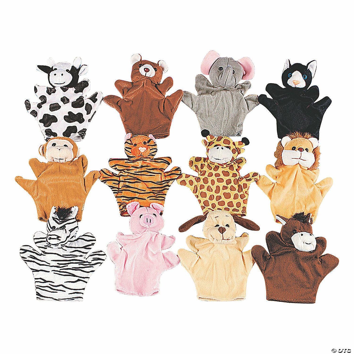 Dramatic Play | Five Finger Hand Puppets Farm & Wild Stuffed Animals – 12 Pc.