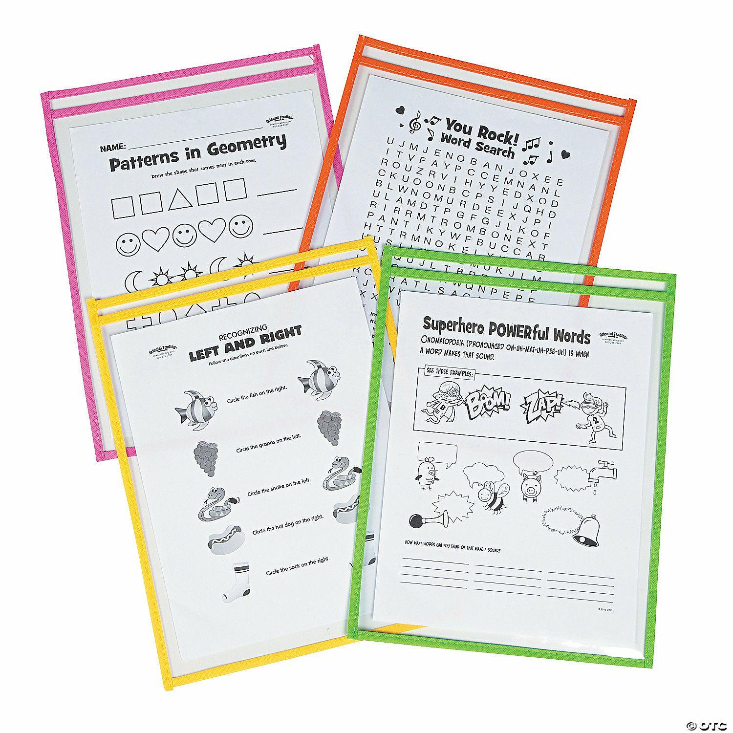 Dry Erase | 10″ x 13″ Neon Top-Loading Plastic Dry Erase Pocket Sleeves – 12 Pc.