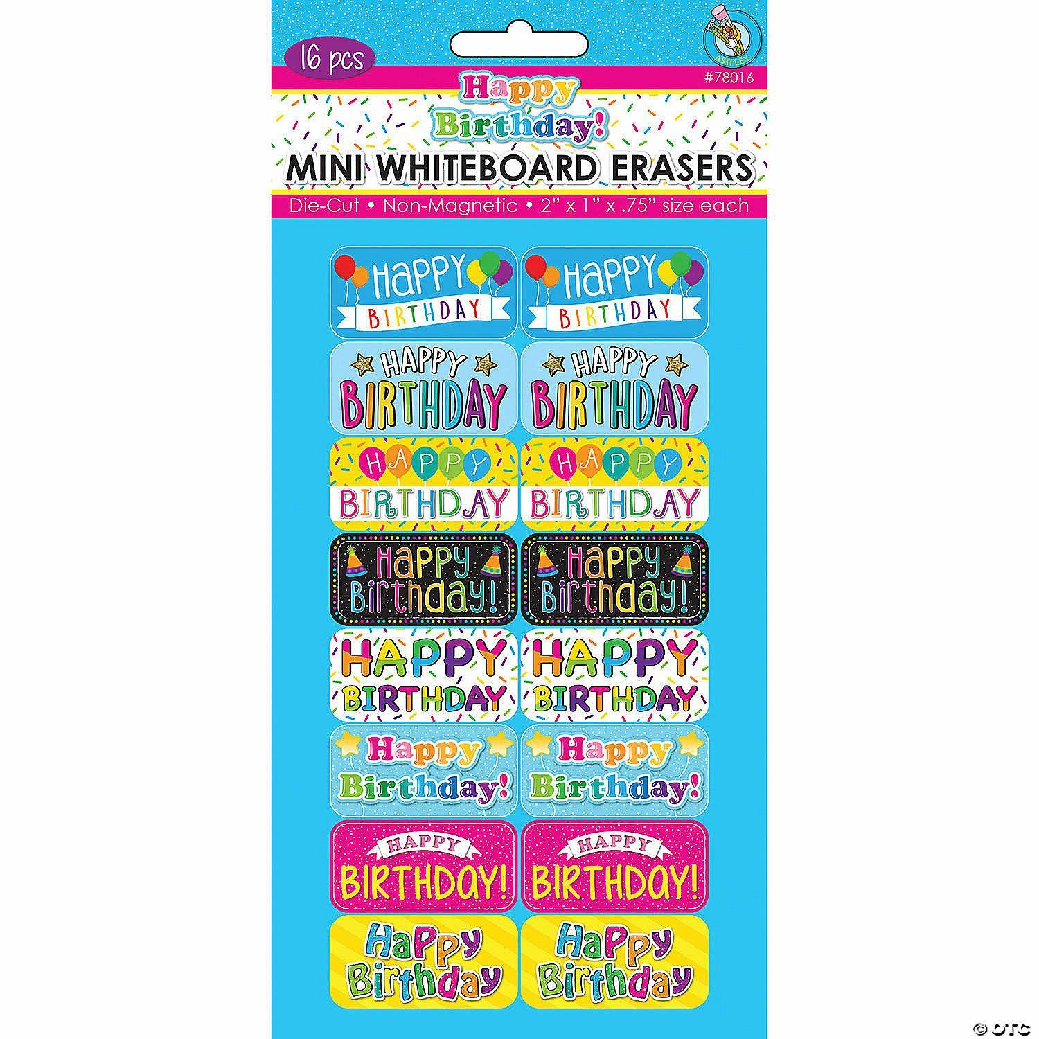 Dry Erase | Ashley Productions Non-Magnetic Mini Whiteboard Erasers, Happy Birthday, Pack of 16