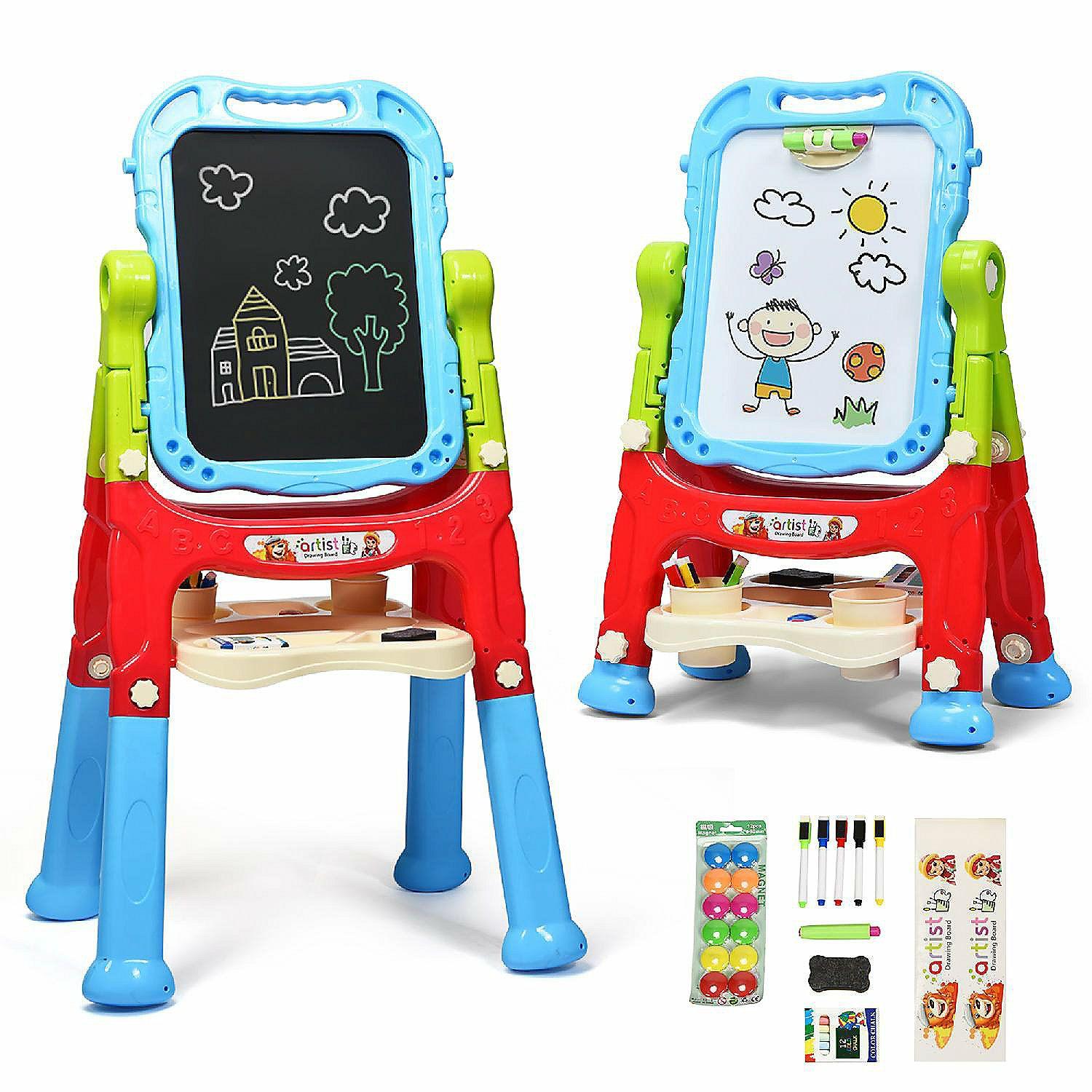 Dry Erase | Costway Height Adjustable Kids Art Easel Magnetic Double Sided Board w/ Accessories Blue