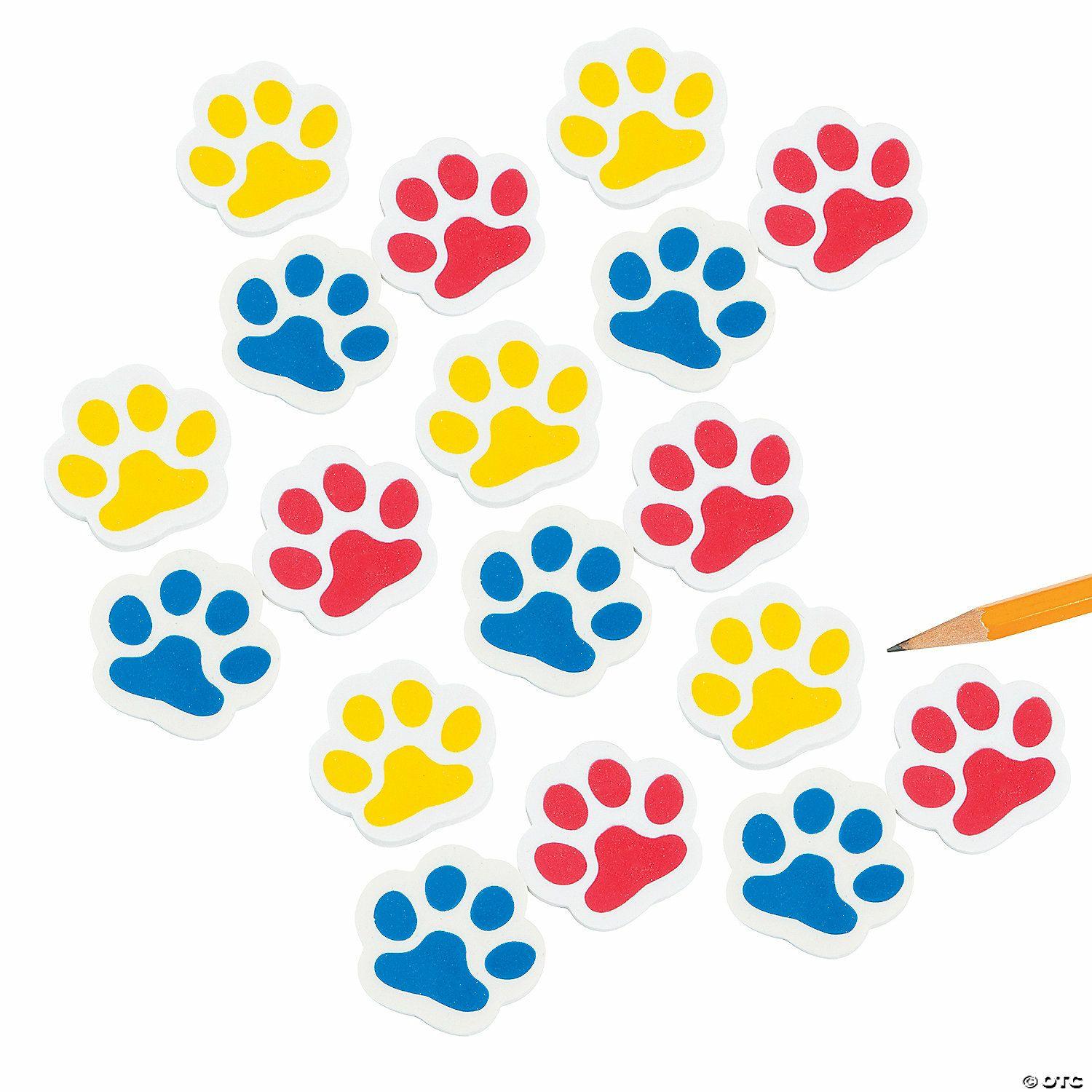 Erasers | 1 1/2″ Bulk 144 Pc. Assorted Bright Colors Paw Print Rubber Erasers