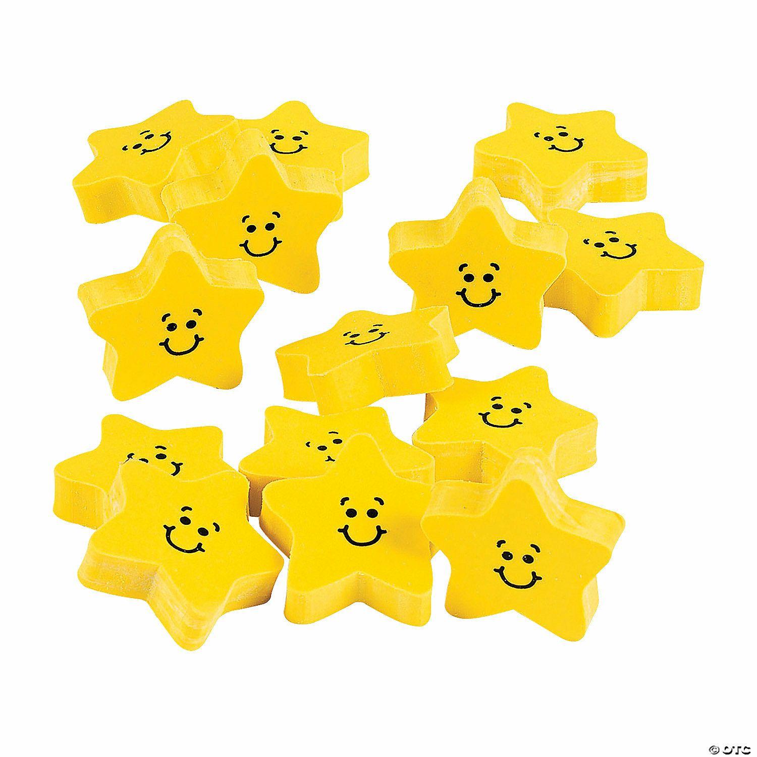 Erasers | 1 1/2″ Smile Face Star Yellow Rubber Erasers – 24 Pc.