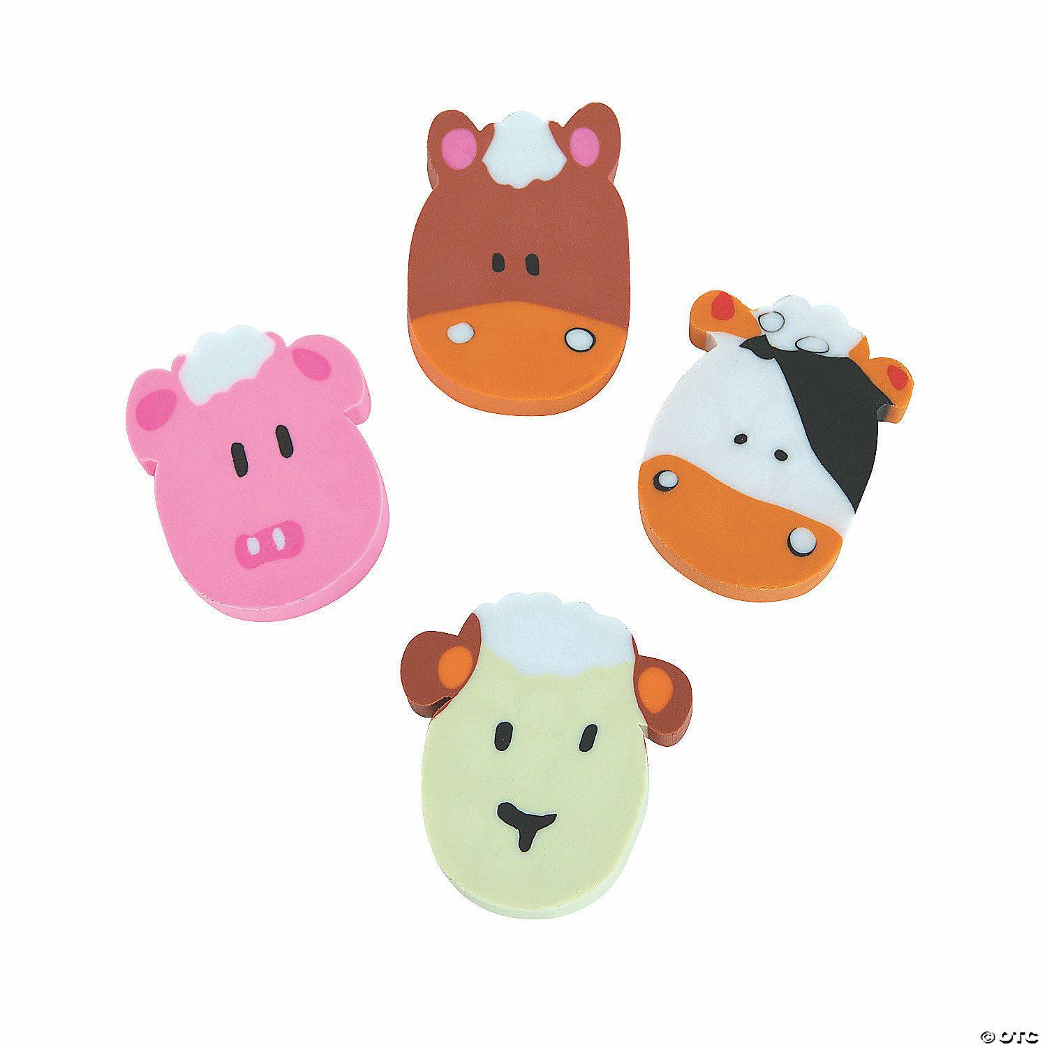 Erasers | 1 1/4″ Assorted Farm Animal Rubber Erasers – 24 Pc.