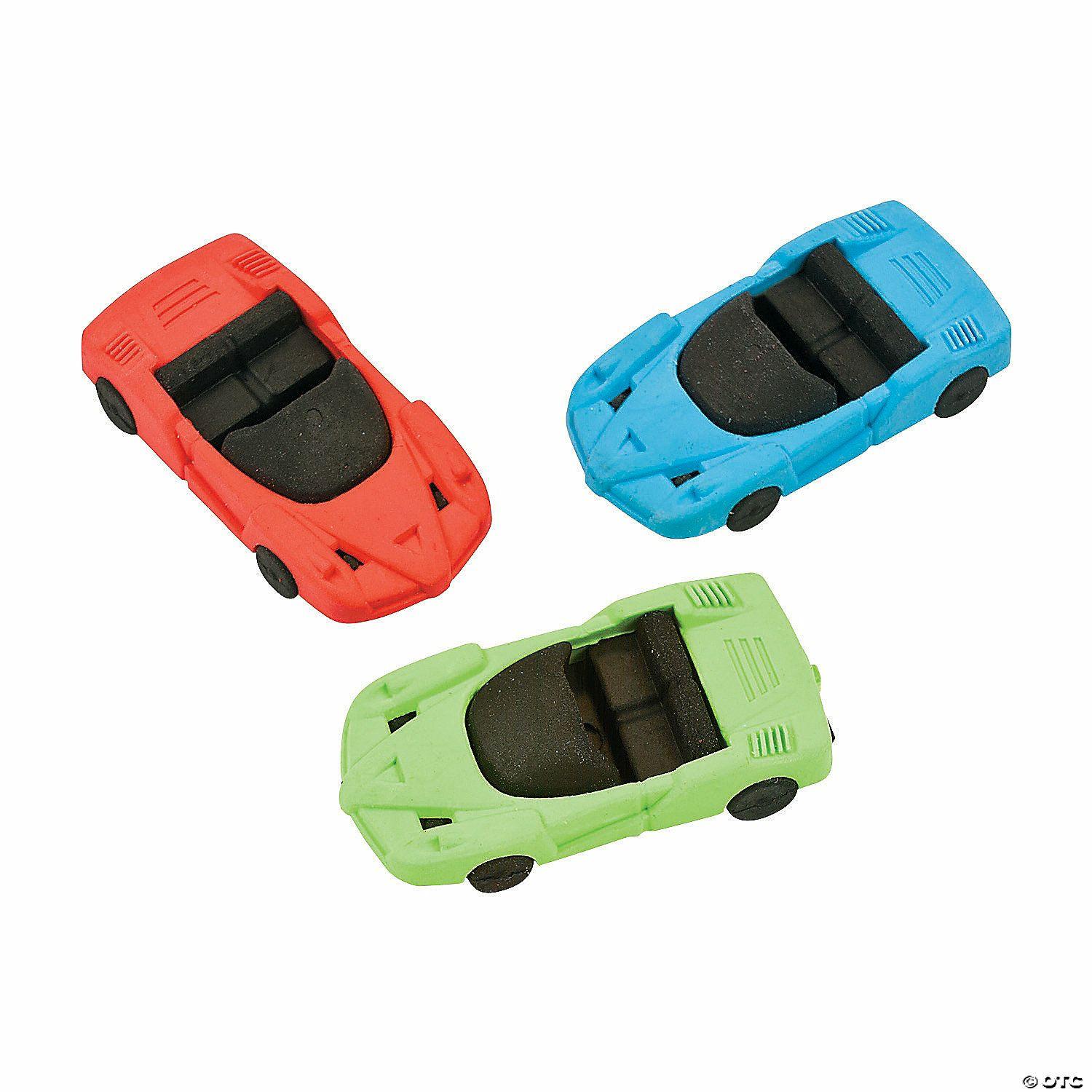 Erasers | 2 1/4″ x 1 1 4″ Assorted Bright Colors Race Car-Shaped Rubber Erasers – 12 Pc.