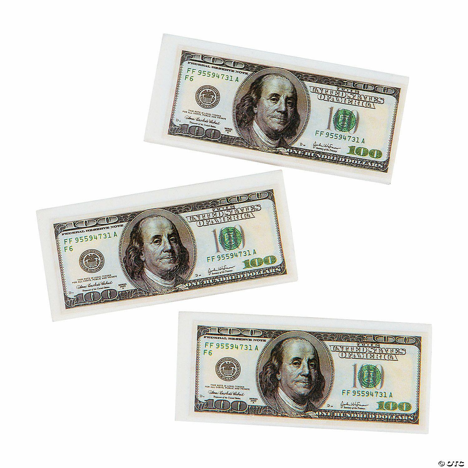 Erasers | 2 3/4″ x 1 1 4″ Realistic $100 Bill Rubber Erasers – 12 Pc.