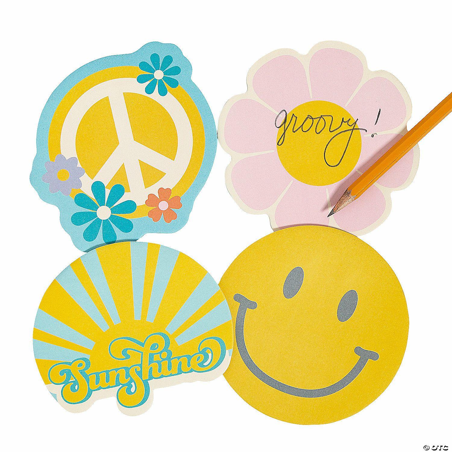 Notepads | 4″ x 4″ Groovy Party Flower, Smiley Face, Sunshine & Peace Sign Sticky Notes – 12 Pc.