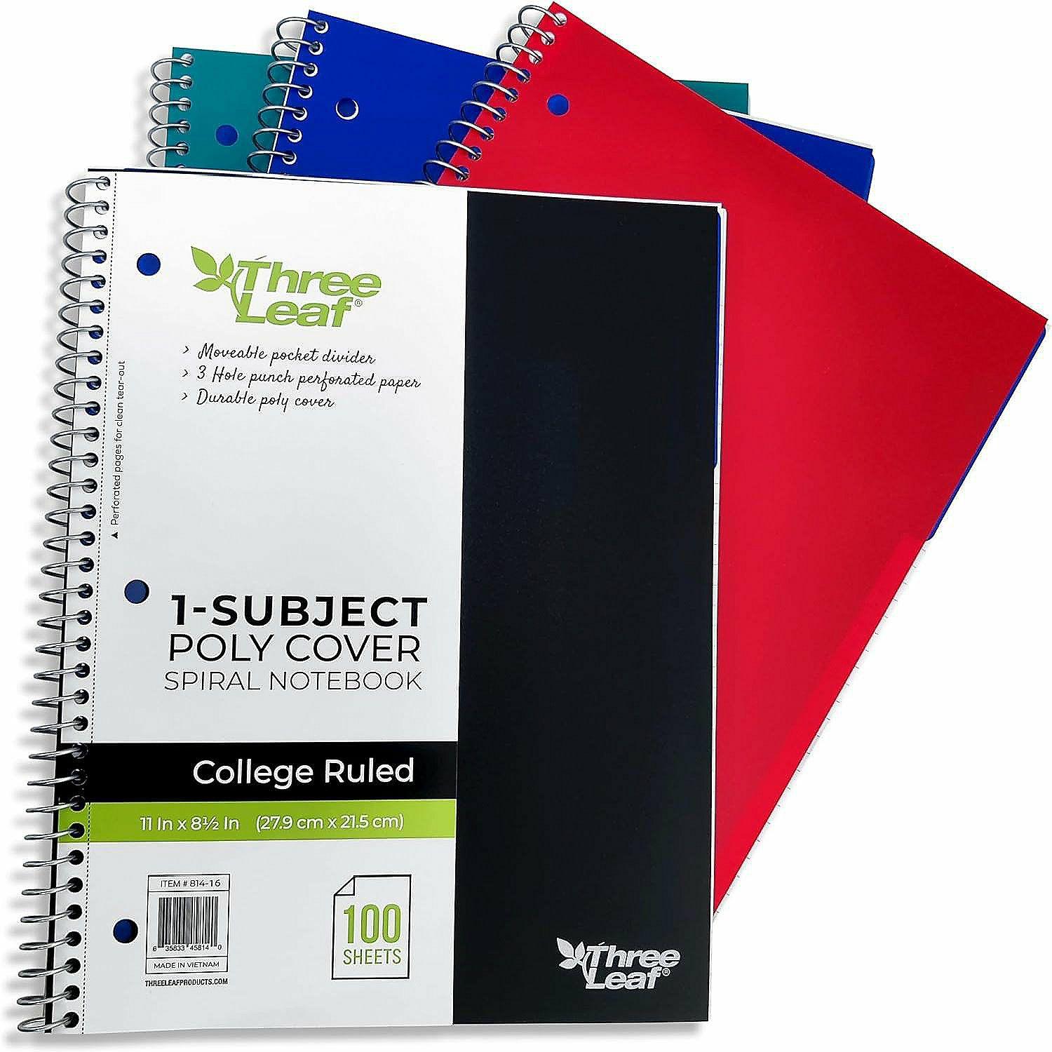 Notepads | Three Leaf 100 Ct, 11 X 8 1/2, 1 Subject Poly Cover Spiral Notebook, College Ruled, Pocket Divider, Black,Blue,Green,Red, Pack of 16