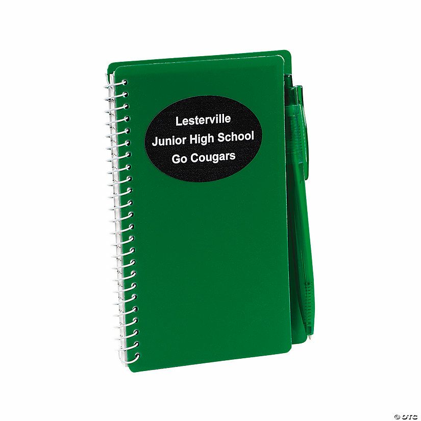 Office Supplies | 6″ Personalized Green Spiral Paper Notebooks with Pens – 12 Pc.