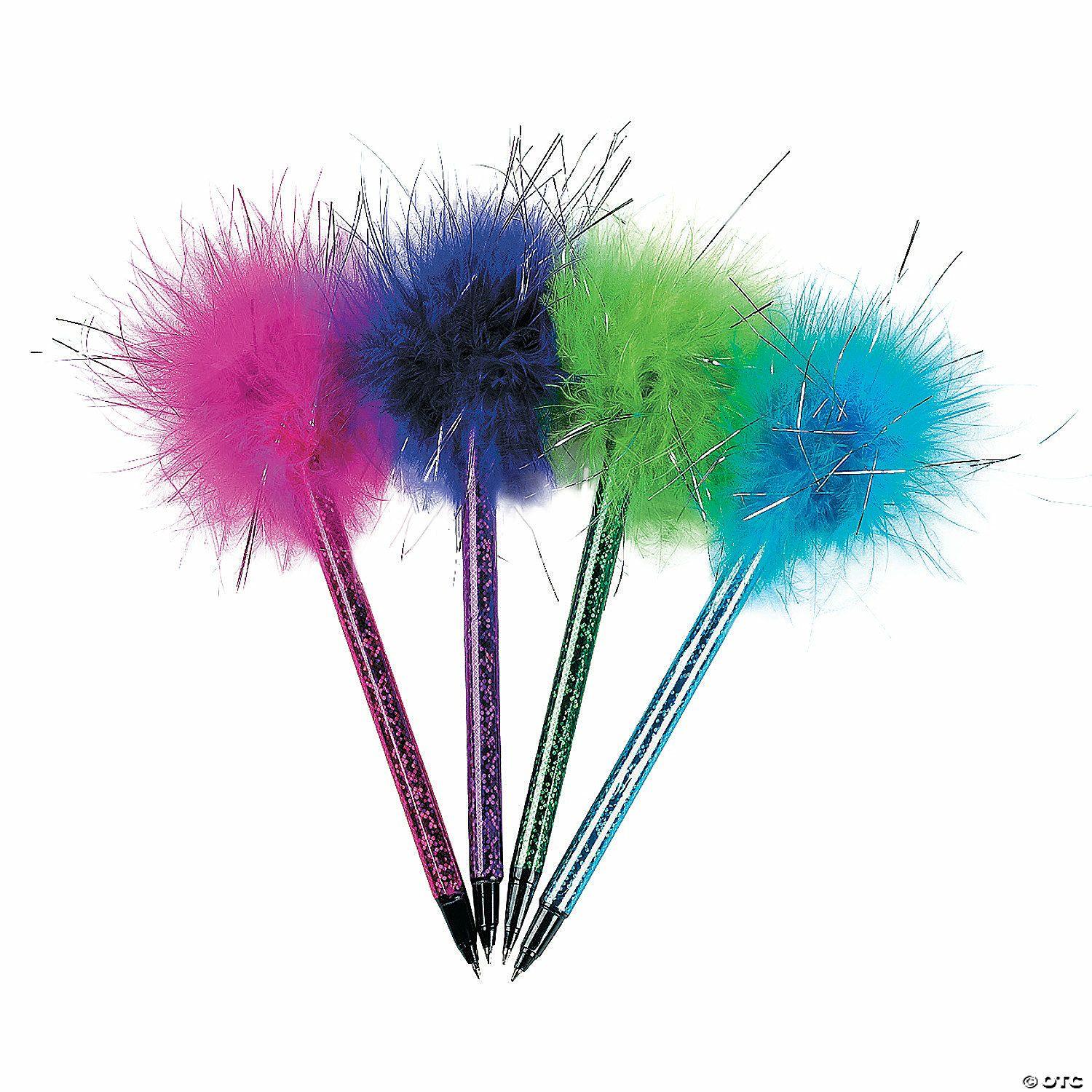 Office Supplies | 7″ Brightly Colored Shimmering Marabou Plastic Pens – 12 Pc.