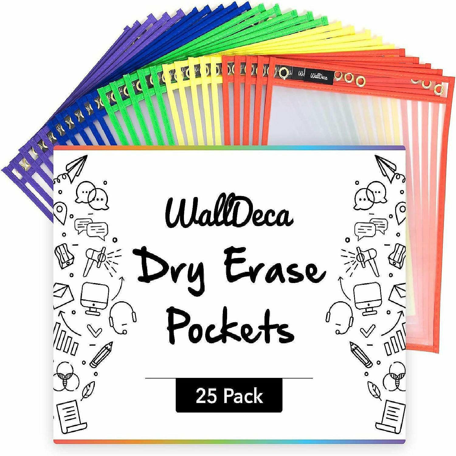 Office Supplies | WallDeca Dry Erase Pocket Sleeves Assorted Colors (25-Pack), 8.5″ x 11″