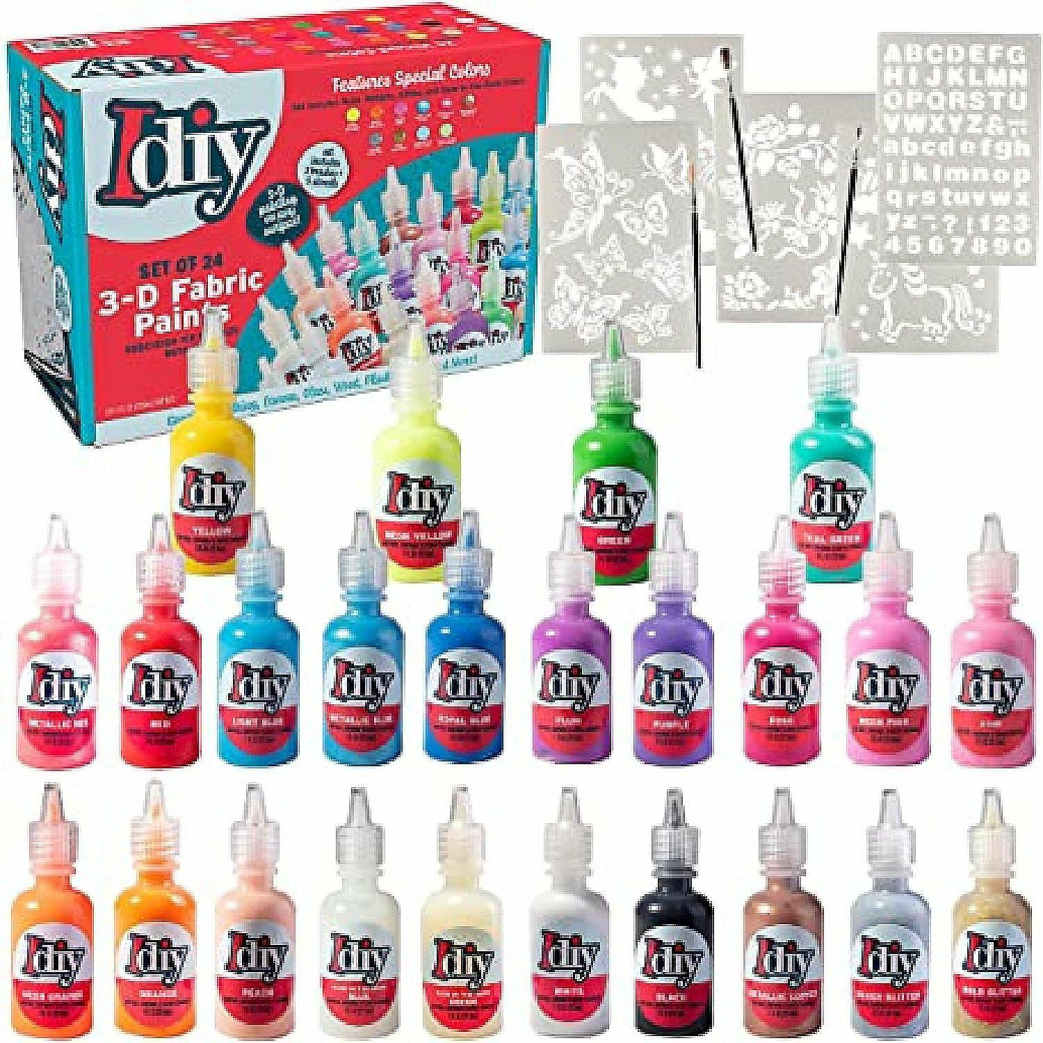 Paint | iDIY Fabric Paints- Set of 24 (1oz) Ultra Bright 3D Colors- Includes Glitter, Metallic, Glow in the Dark, Neon, 5 Stencils & 3 Brushes, Non-Toxic, Permanent