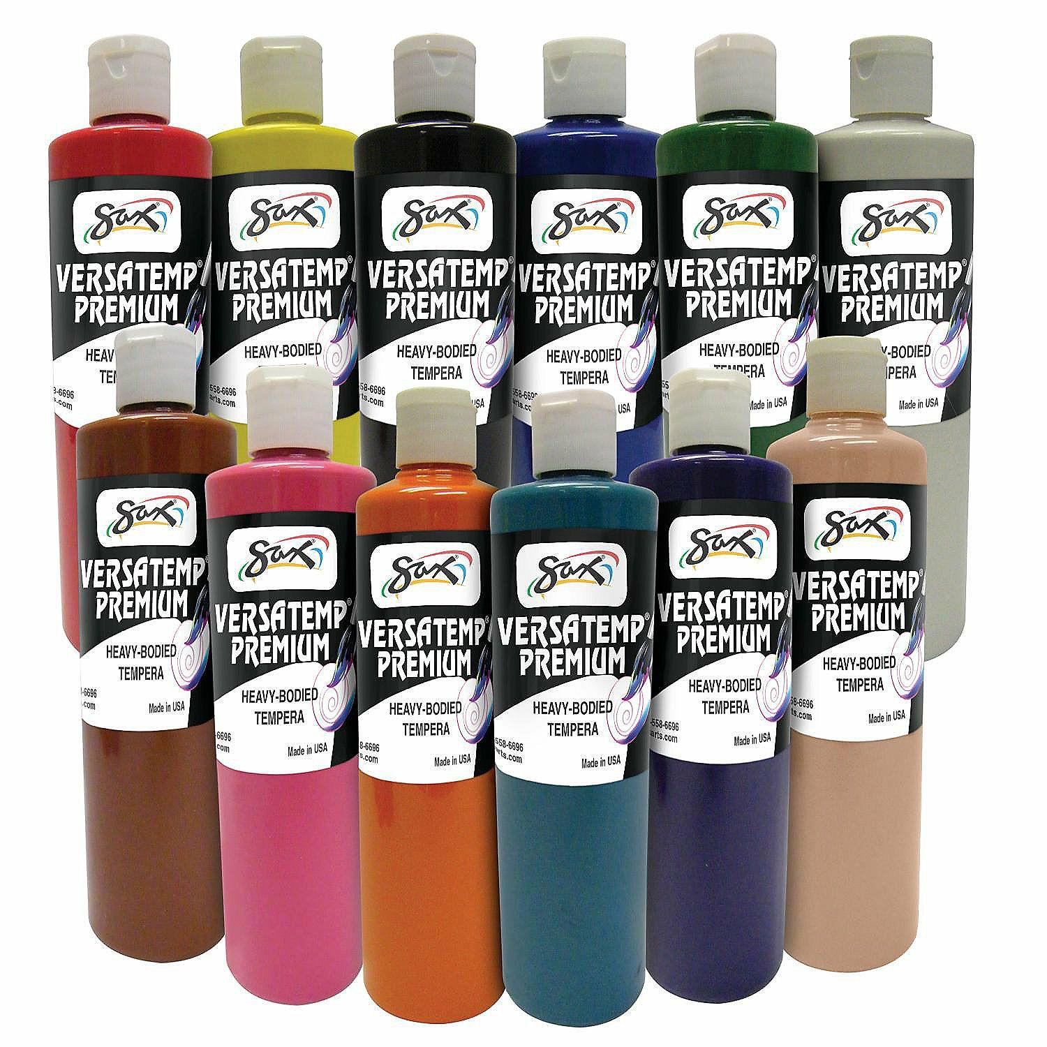 Paint | Sax Versatemp Premium Heavy-Bodied Tempera Paint, 1 Pint Bottles, Assorted Colors, Set of 12