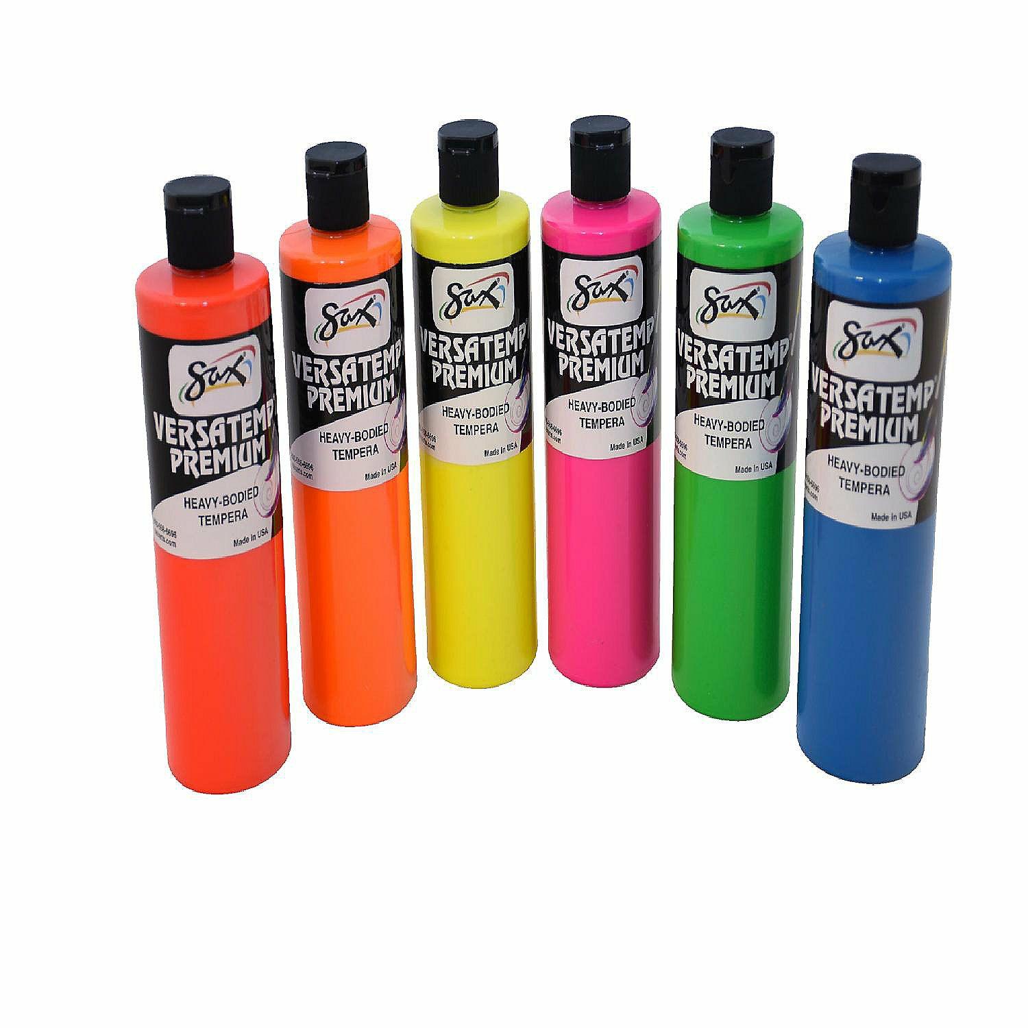 Paper | Sax Versatemp Premium Deluxe Tempera Paint, 1 Pint Bottles, Assorted Fluorescent Colors, Set of 6