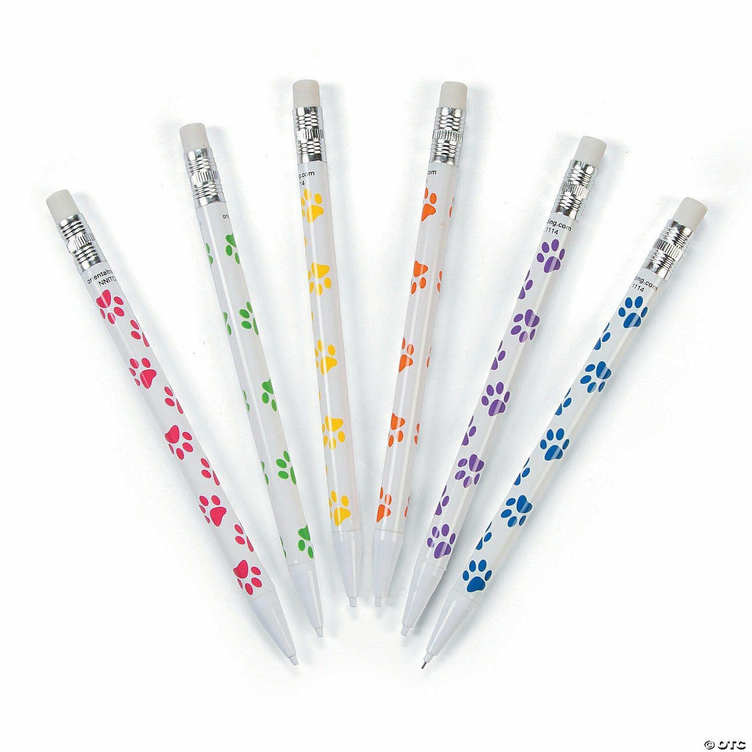 Pencils | 5 1/2″ Bright Paw Print White Plastic Mechanical Pencils – 24 Pc.