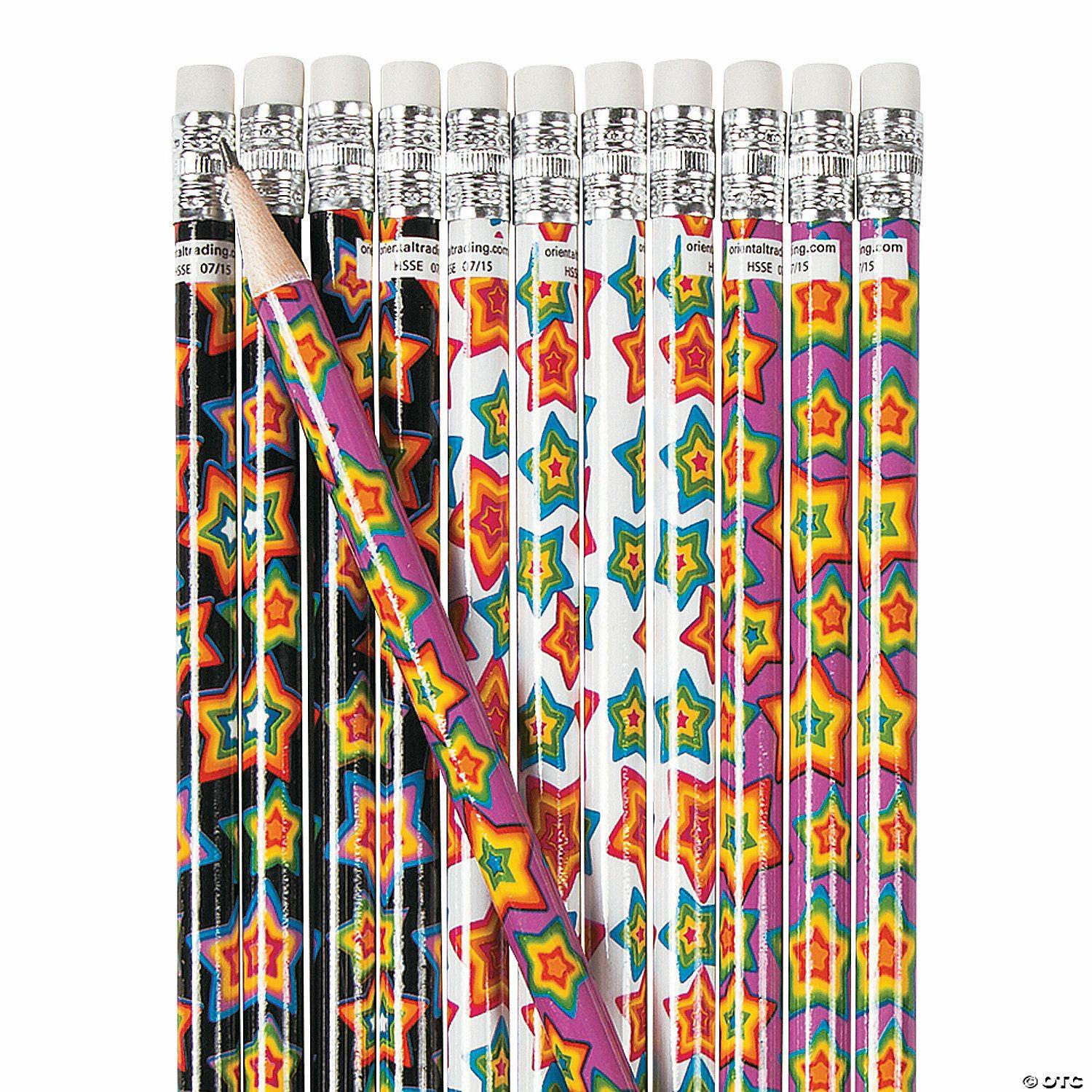 Pencils | 7 1/2″ Assorted Bright Colors Neon Star Wood Pencils – 24 Pc.