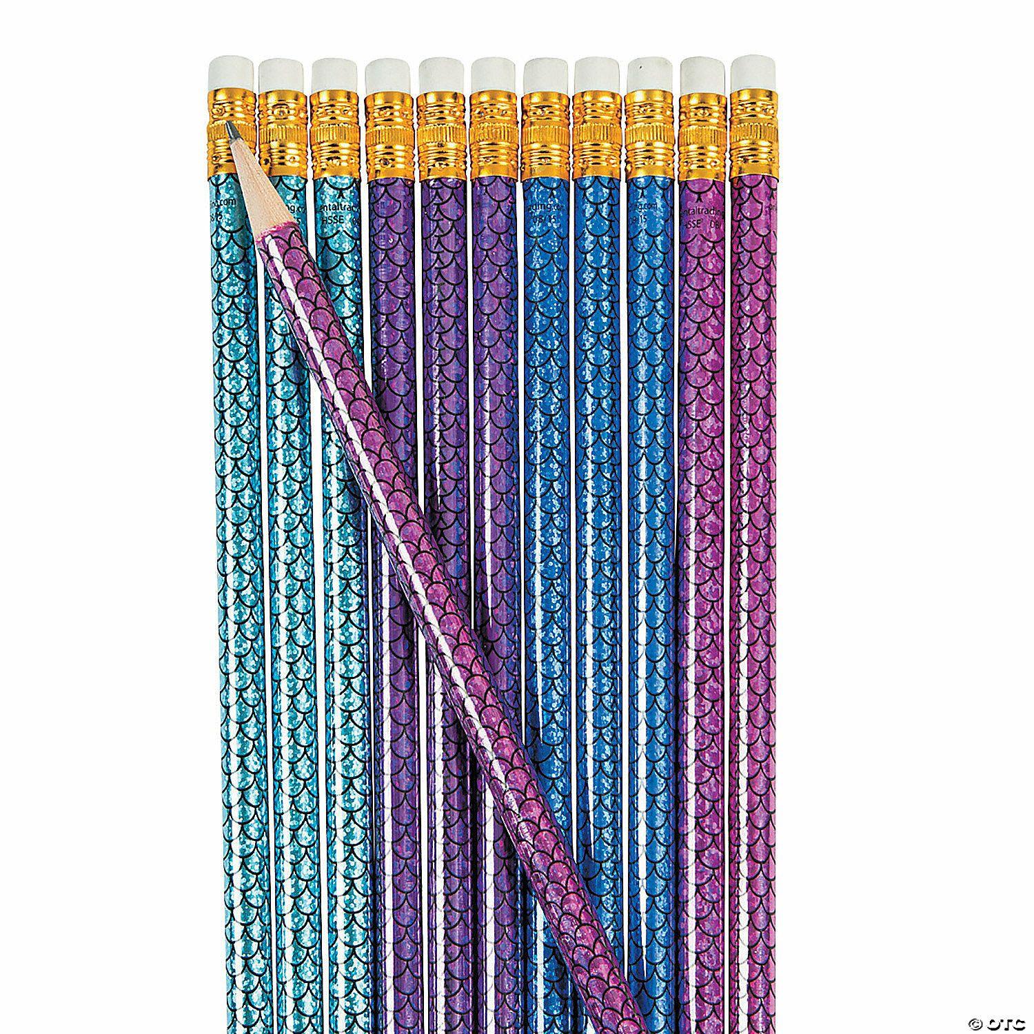 Pencils | 7 1/2″ Assorted Metallic Colors Mermaid Tail Wood Pencils – 24Pc.