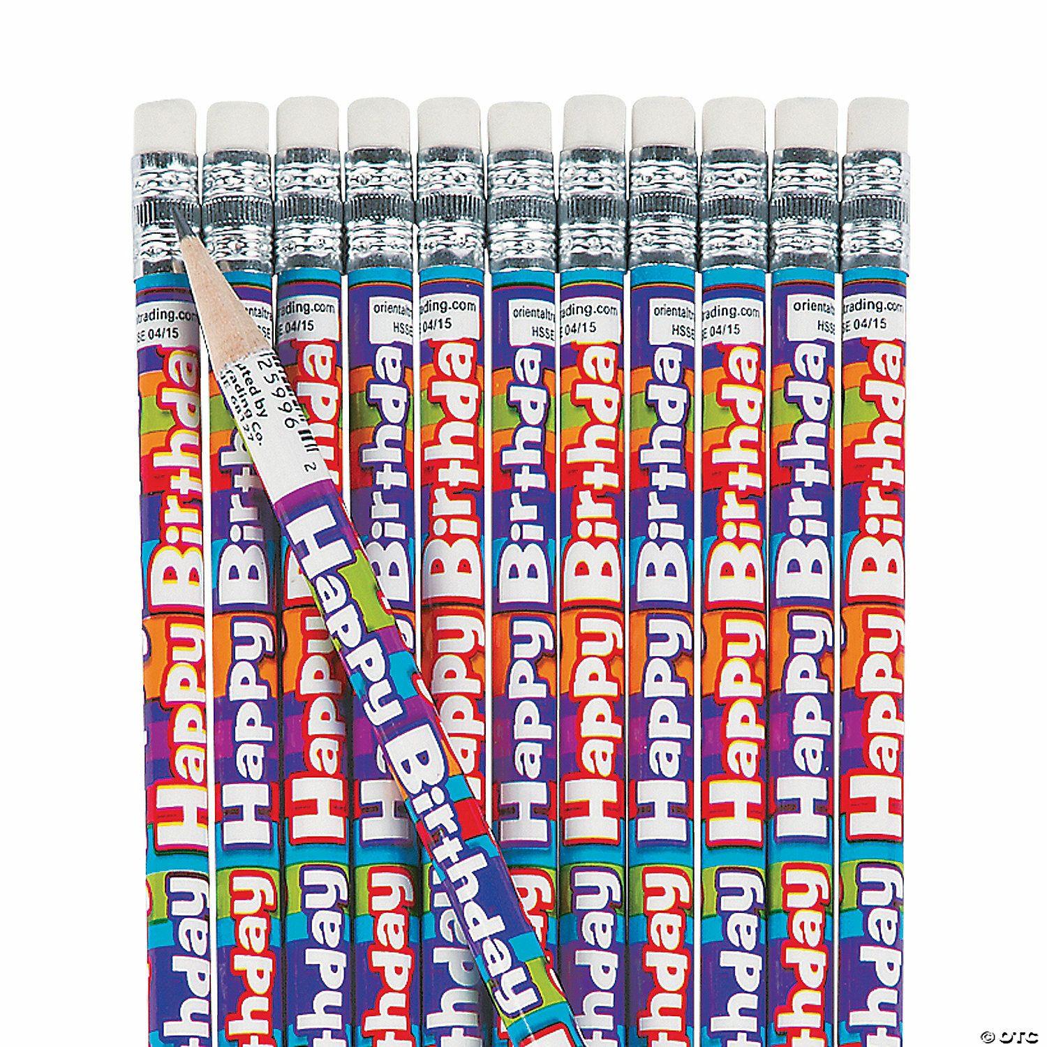 Pencils | 7 1/2″ Happy Birthday Multicolored Stripe Wood Pencils – 24 Pc.