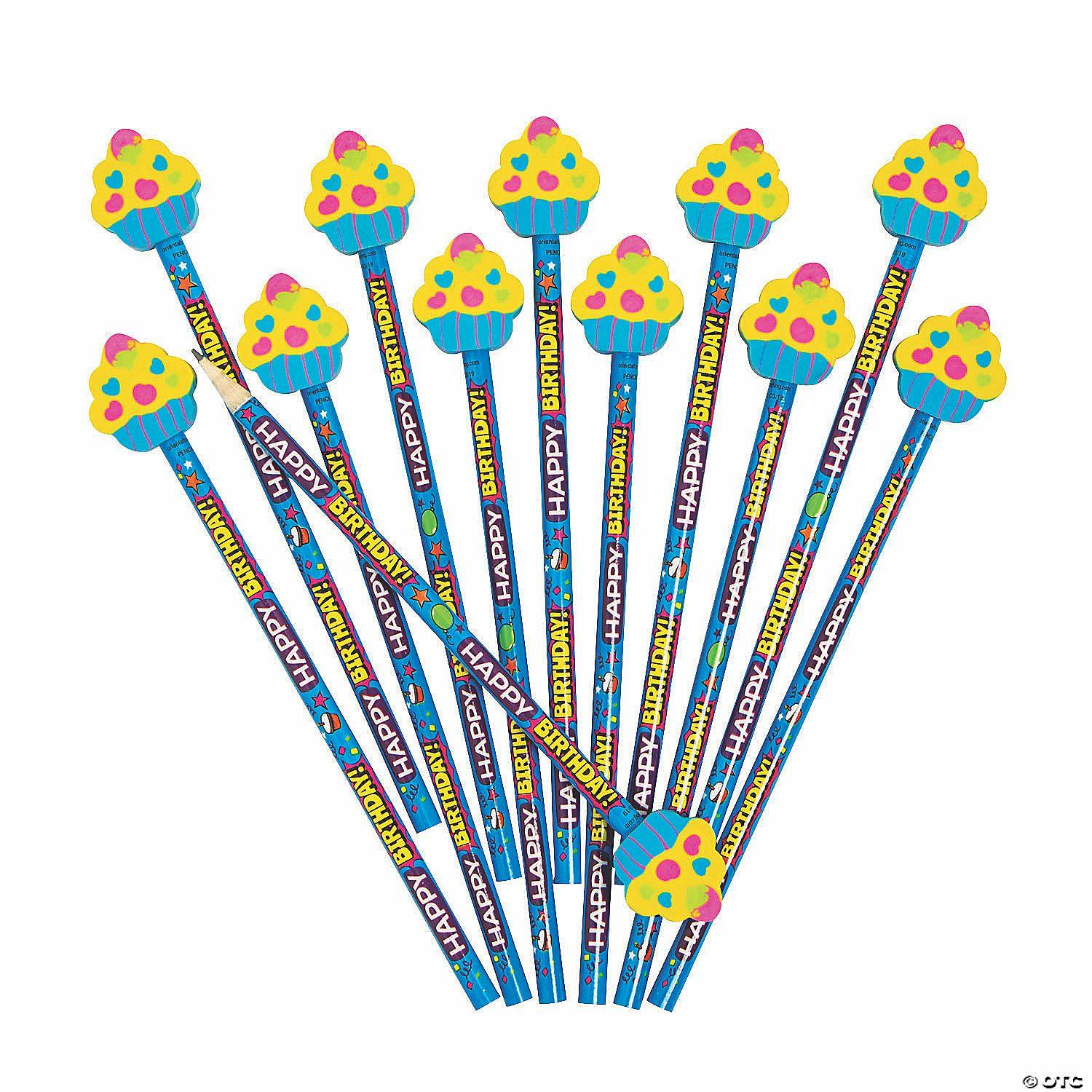 Pencils | 7 1/2″ Happy Birthday Pencils with Cupcake Pencil Top Erasers – 12 Pc.