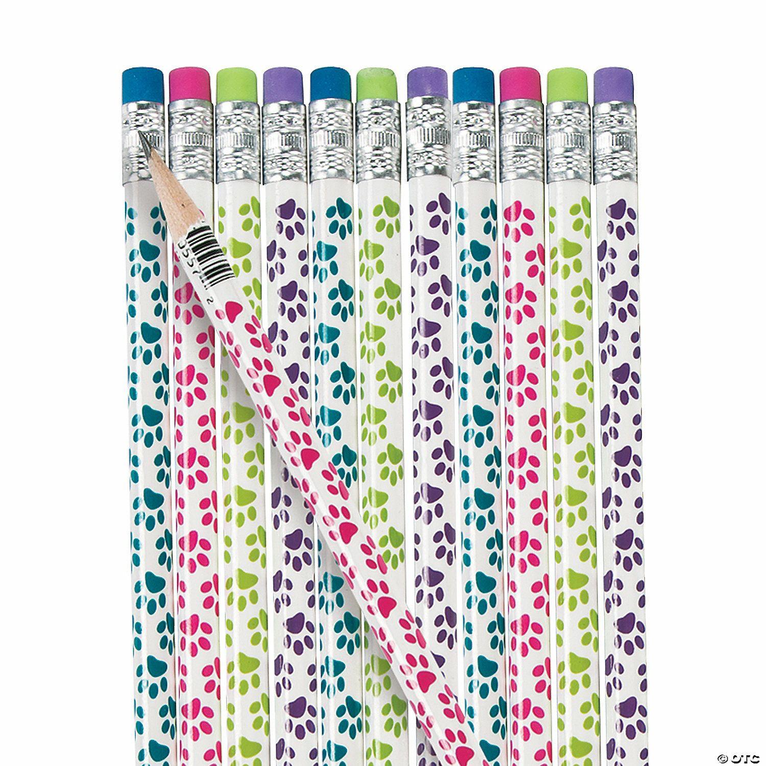 Pencils | 7 1/2″ Paw Print Green, Pink, Blue, & Purple Wood Pencils – 24 Pc.