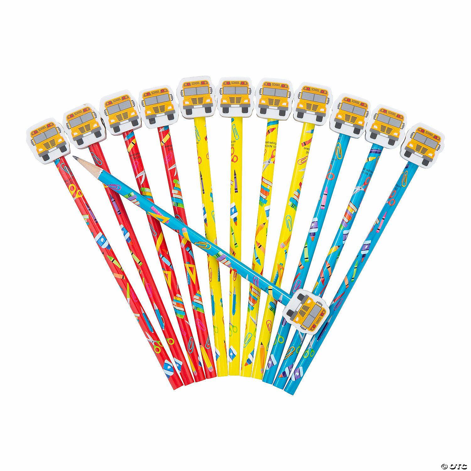 Pencils | 7 1/4″ School Supply Icon Wood Pencils with School Bus Topper – 12 Pc.