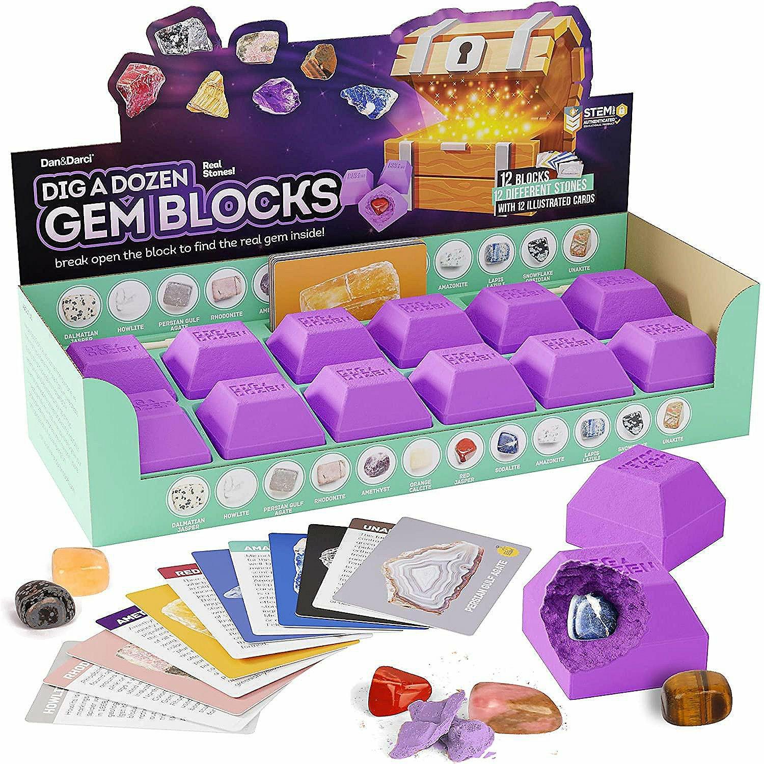 Science | Dan&Darci – Dig a Dozen Gem Blocks – Break Open 12 Unique Gemstone Blocks and Discover 12 Real Precious Stones – Mineral & Rock Collection for Kids