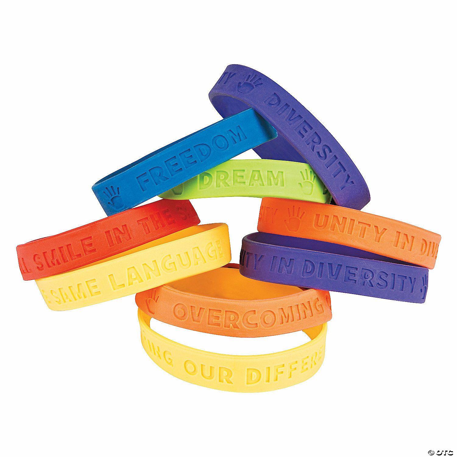 Social Studies | 7 1/4″ Brightly Colored Diversity Rubber Bracelets – 24 Pc.