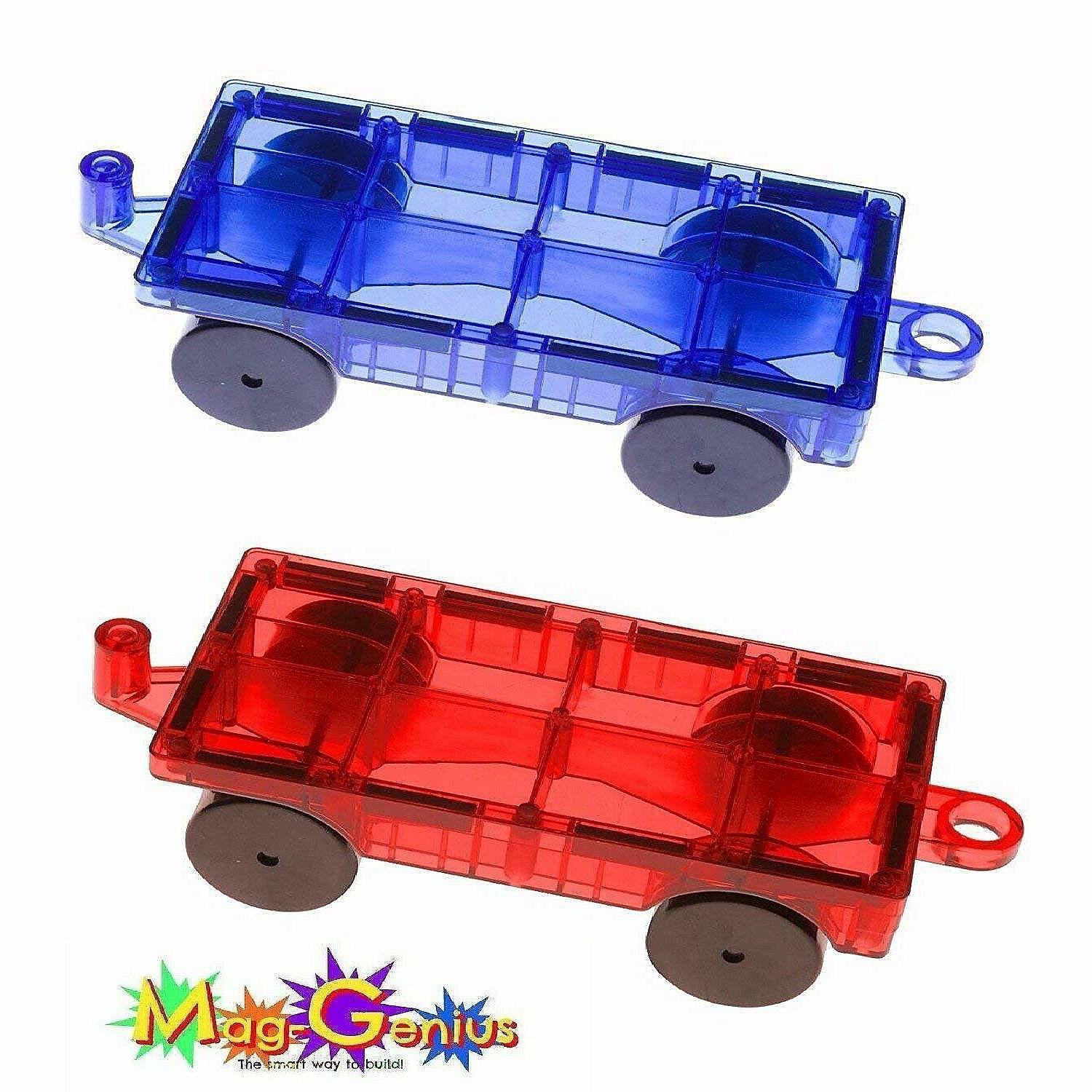 STEM Activities | Mag-Genius Magnet Tiles Car Set Magnet Car Truck Train Magnet Building Tile Magnet Toy Add On, Red/Blue, 2 Piece STEM