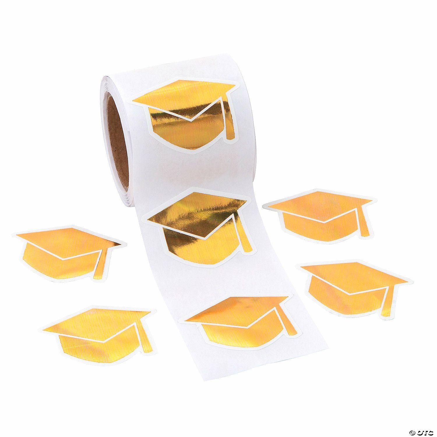 Stickers | 1 1/2″ Gold Graduation Mortarboard Paper Sticker Roll – 100 Pc.