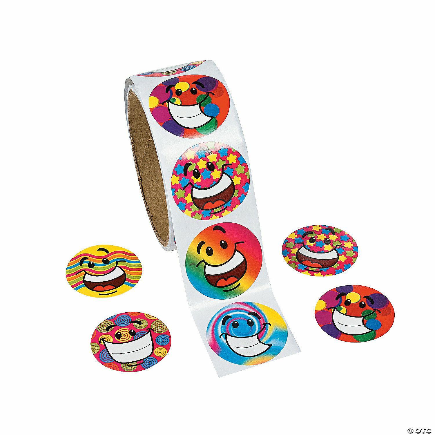 Stickers | 1 1/2″ Multicolor Funky Smile Face Paper Sticker Roll – 100 Pc.