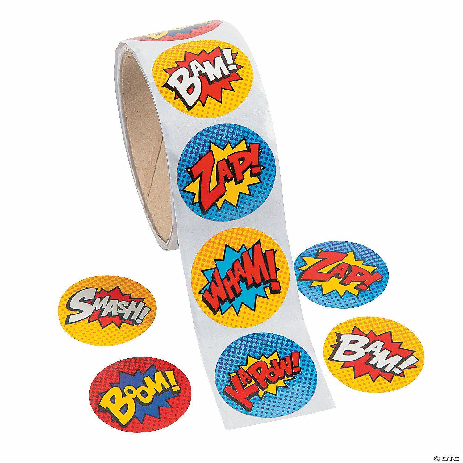 Stickers | 1 1/2″ Superhero Comic Book Sound Effect Paper Sticker Roll – 100 Pc.