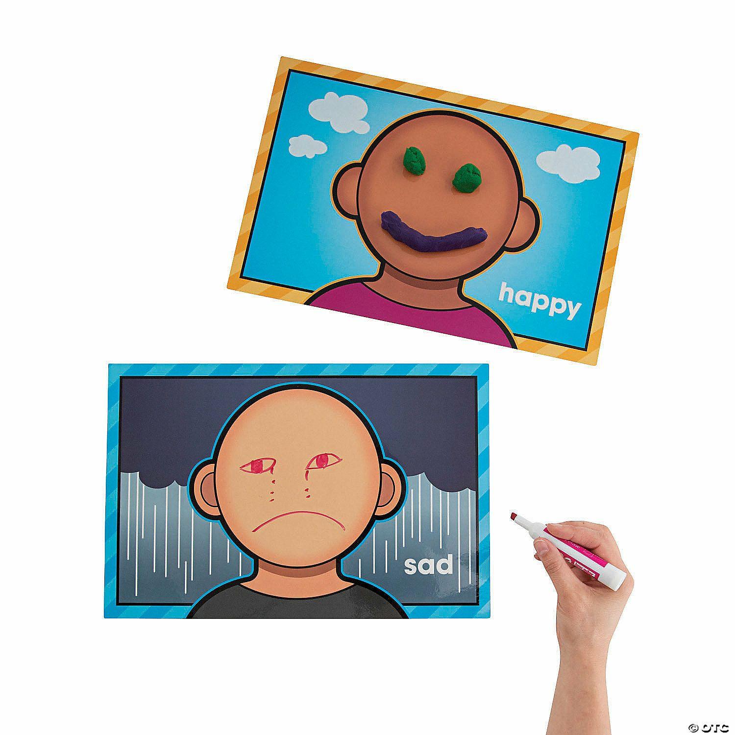 Teacher Supplies | 15″ x 10″ Emotion Faces Laminated Dry Erase Play Mats – 24 Pc.