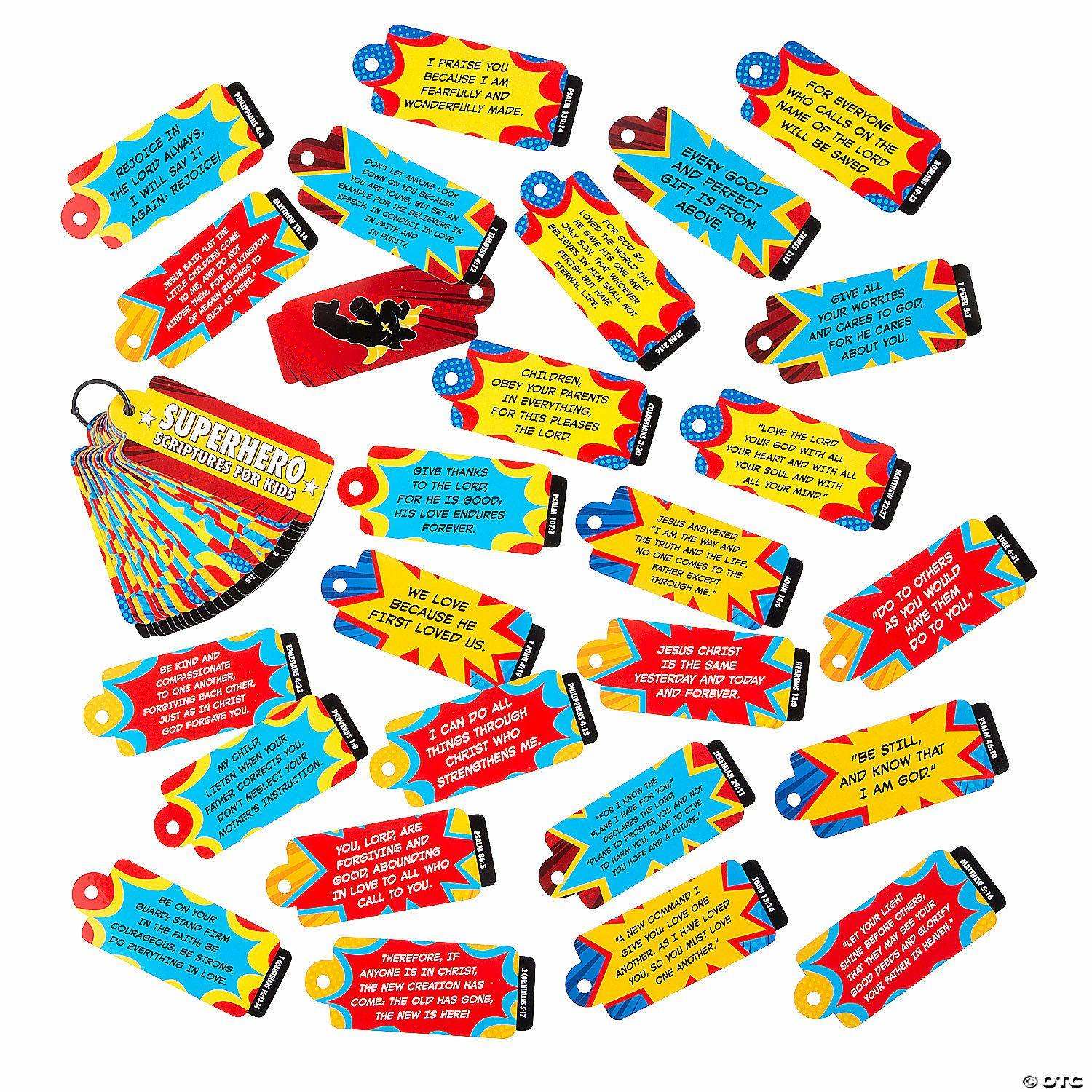 Teacher Supplies | Kids&’ Superhero Scripture Cards on a Ring – 12 Pc.