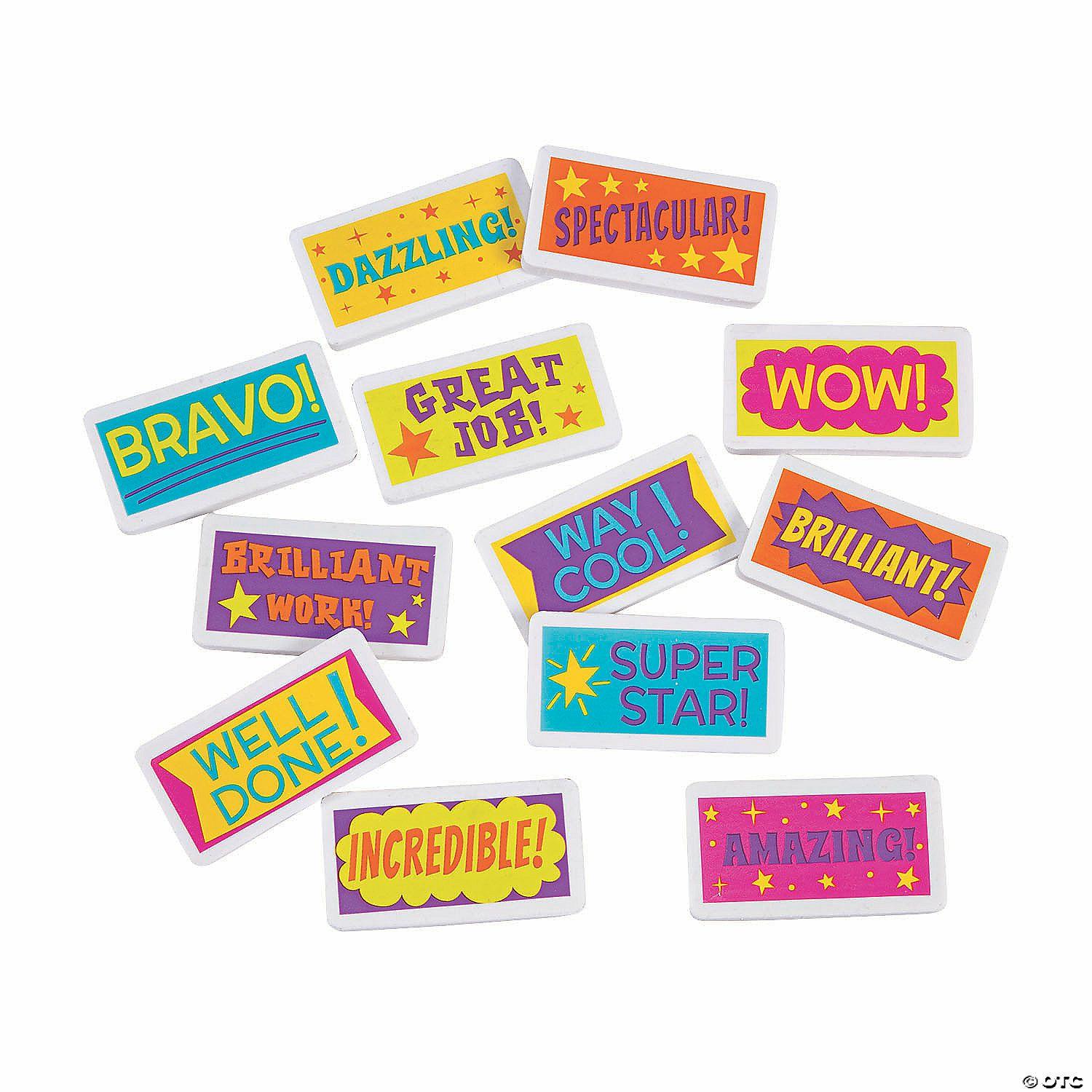 Erasers | 2″ x 1″ Bright Color Motivational Sayings Rubber Erasers – 24 Pc.