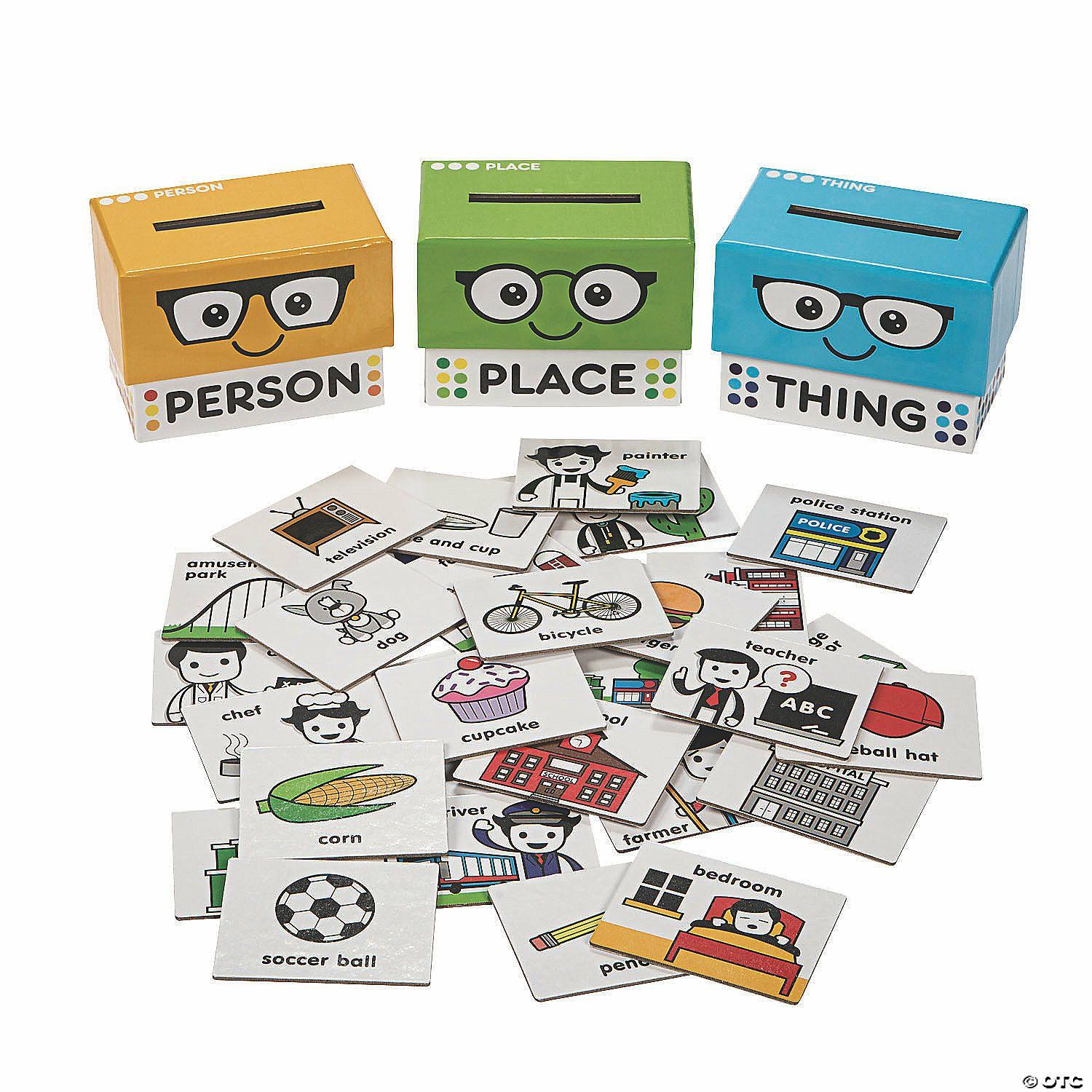 Language Arts | 3 3/4″ x 2 3 4″ Self-Checking Person, Place or Thing Cardboard Sorting Boxes with Cards