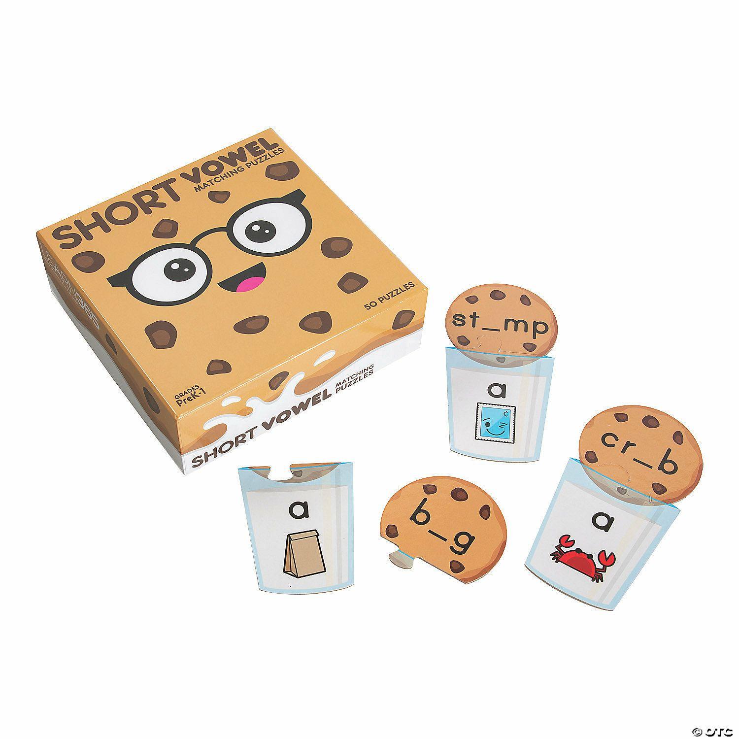 Language Arts | 6 1/4″ Self-Checking Short Vowel Cookies & Milk Matching Puzzles – Set of 50