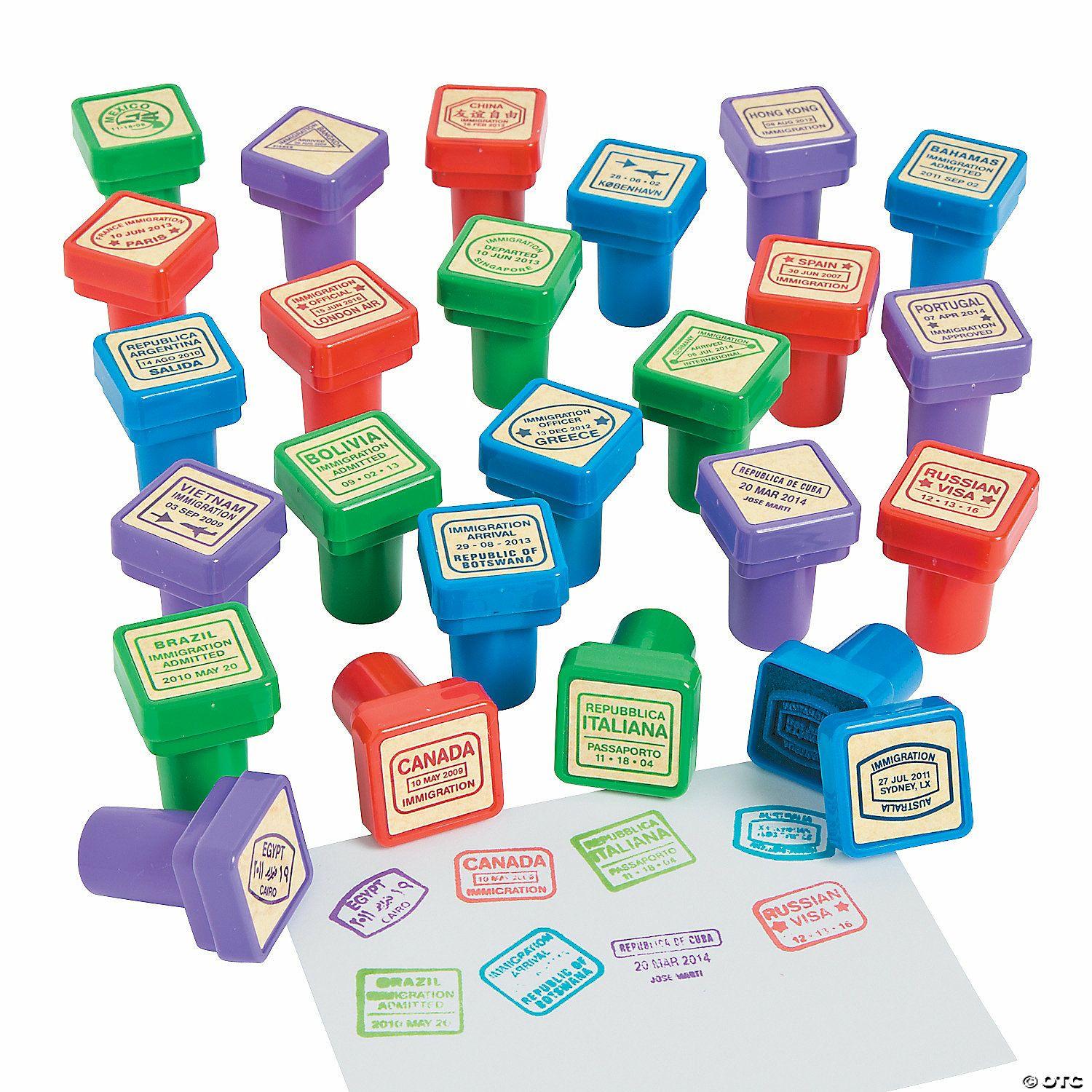 Social Studies | 1 1/2″ Passport Self-Inking Plastic Stampers – 24 Pc.