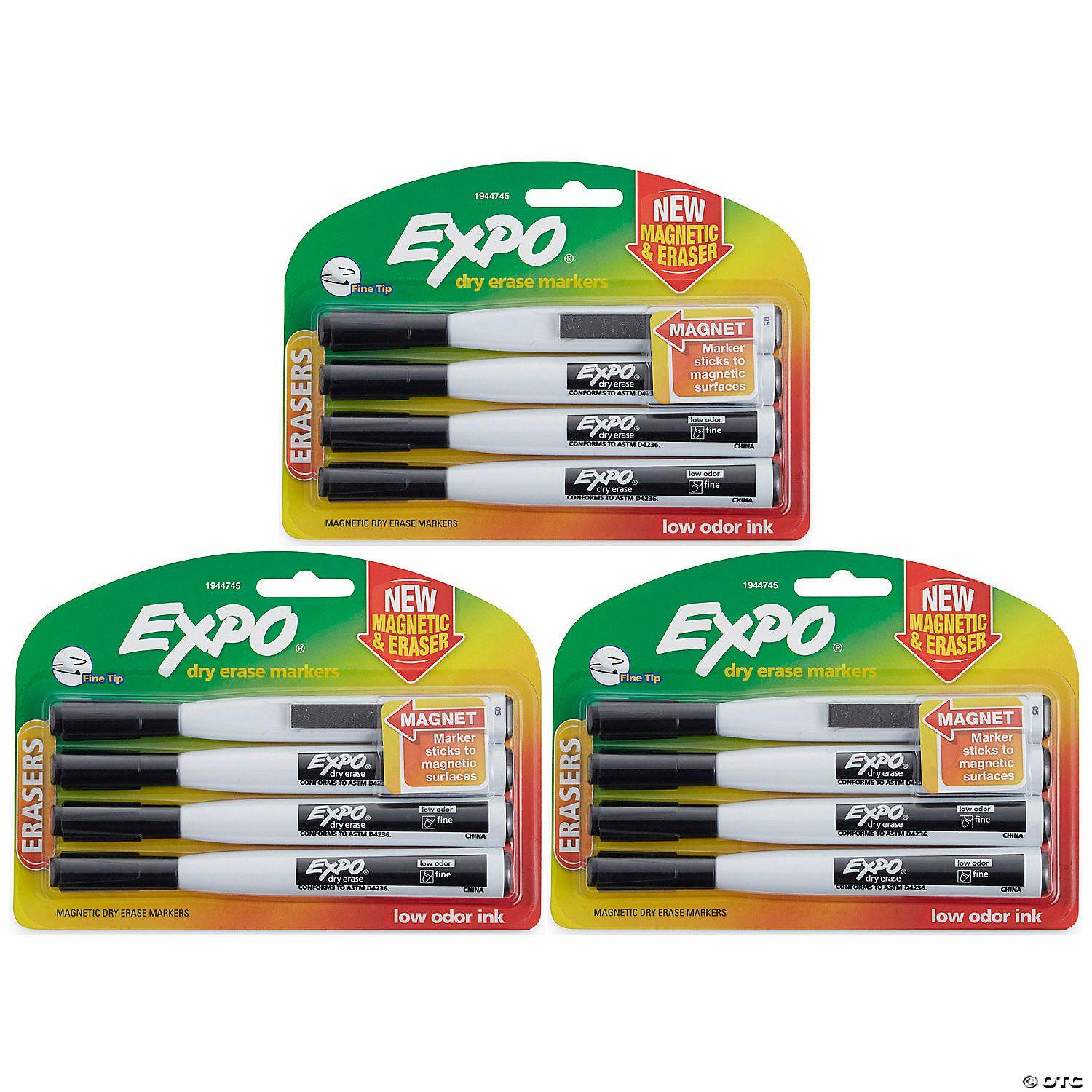 Dry Erase | EXPO Magnetic Dry Erase Markers with Eraser, Fine Tip, Black, 4 Per Pack, 3 Packs